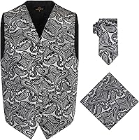 Oliver George Men's Paisley 3pc Formal Vest Set with Necktie & Handkerchief - Tuxedo Suit Accessory XS-4XL