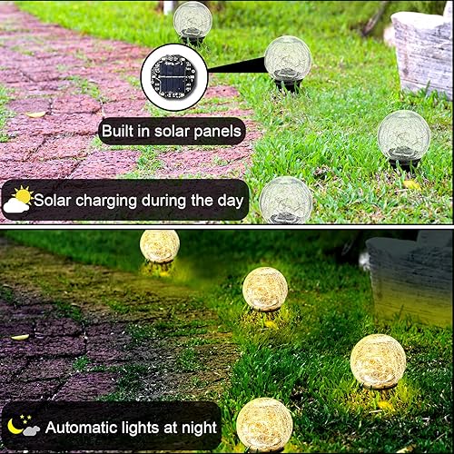 Miniatura 2 de Hbaushun Paquete de 2 luces solares de jardín, impermeables, 30 LED de vidrio agrietado, bola de vidrio agrietado, luces de suelo para camino,