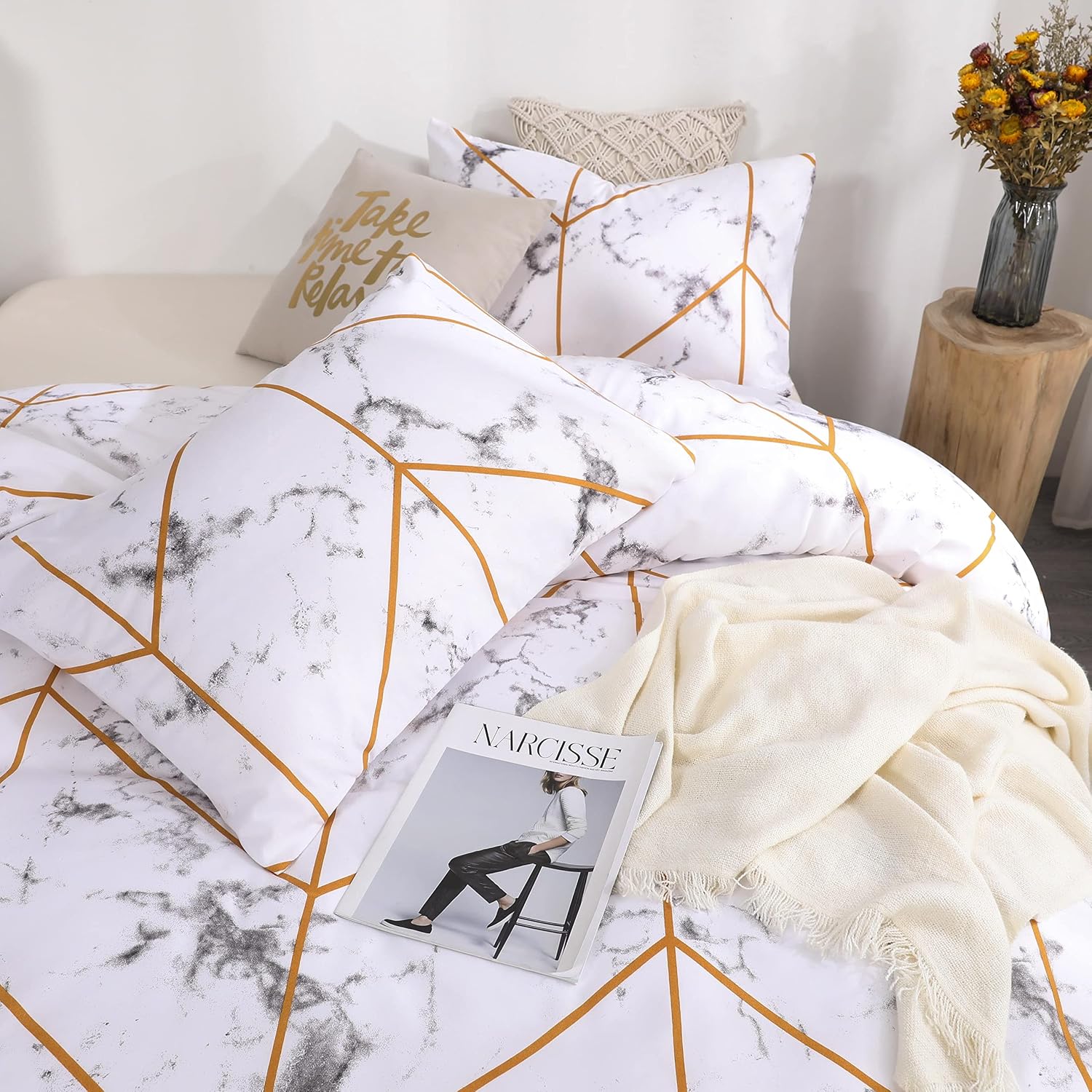 White Marble Duvet Cover Set Brown Geometric Bedding Set Gray White Marble Texture Printed Modern Bedding Sets Queen 1 Duvet Cover 2 Pillowcases (Queen, Marble)