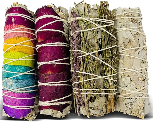 Kit de manchas de salvia, romero, lavanda, rosa salvia blanca con salvia blanca de origen sostenible de palos de salvia seca de California para