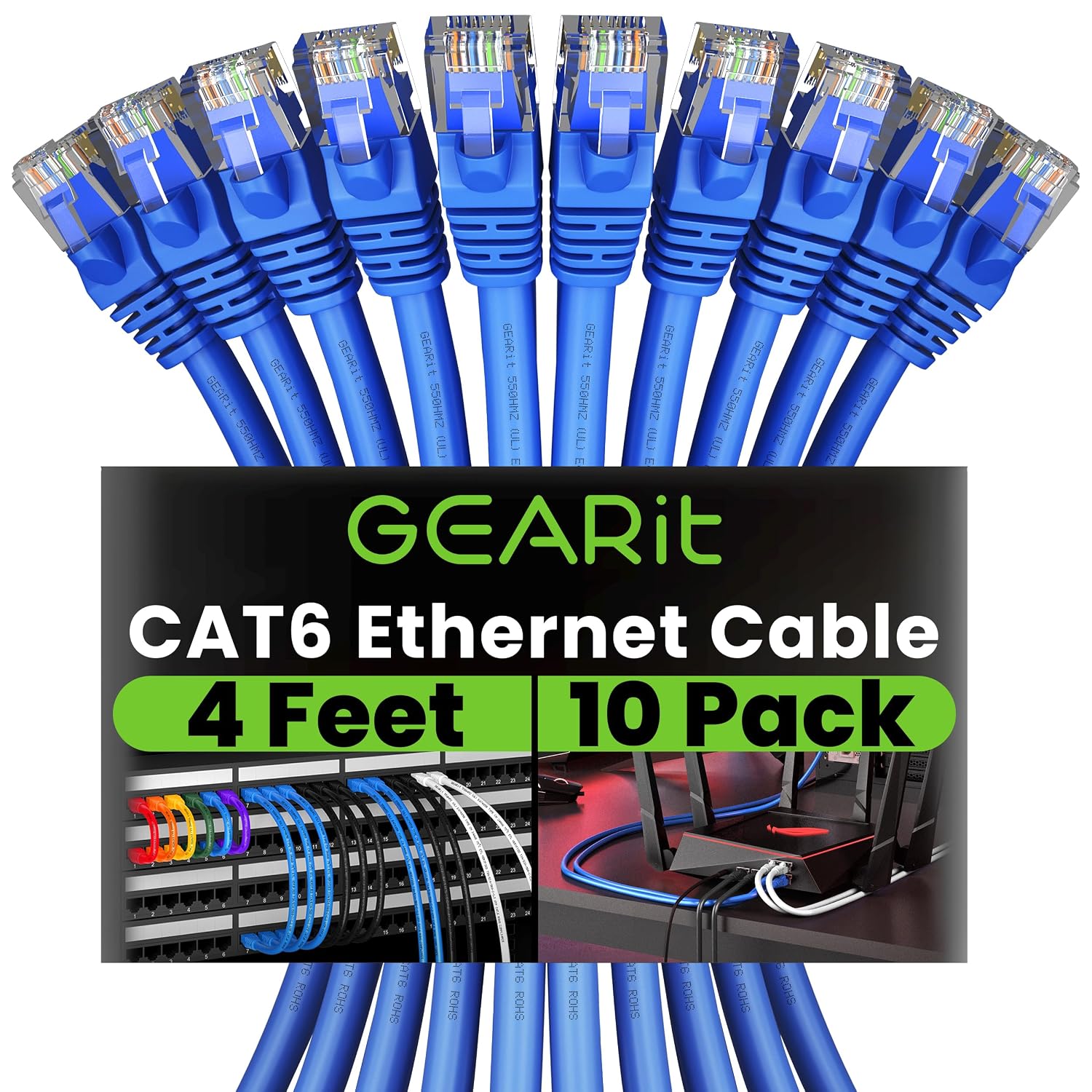 GearIT Cat 6 Ethernet Cable (10-Pack 4 Feet) Cat6 Network Patch, 10Gbps, RJ45, Snagless Cord, Gold-Plated Connectors, Internet for PC, TV, Tablet, Router, Printer, Servers, IT Data Center – Blue