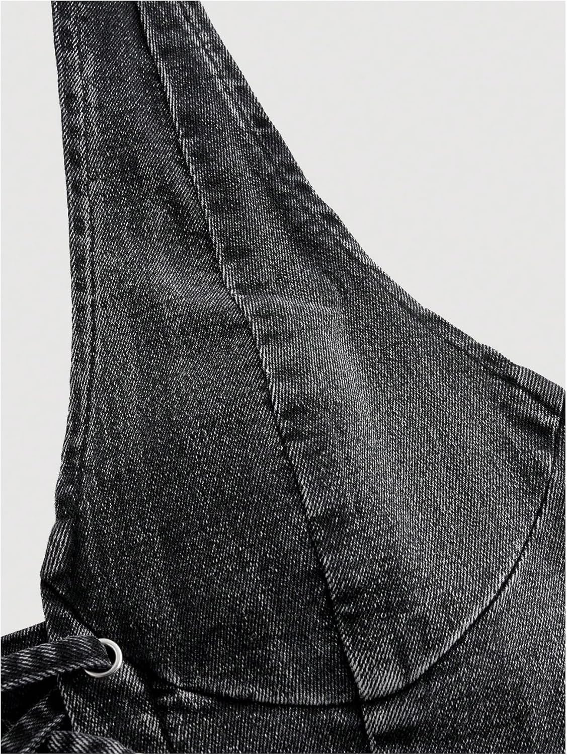 WDIRARA Women's Lace Up Front Denim Halter Tops Deep V Neck Tie Back Smocked Sleeveless Crop Top - Image 4