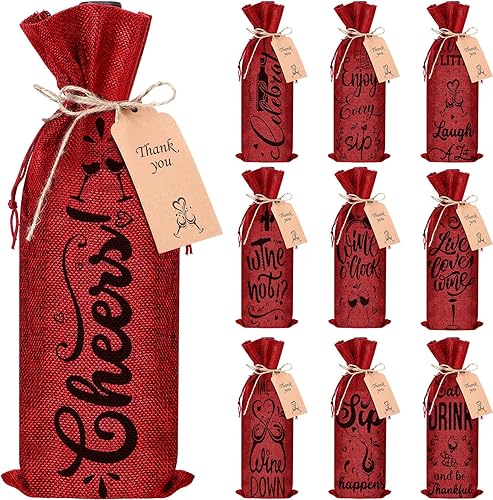 Shappy Bolsa de vino, funda reutilizable de lino para botella de vino con cordón, paquete de 10, para botellas de vino, envoltura de regalos,
