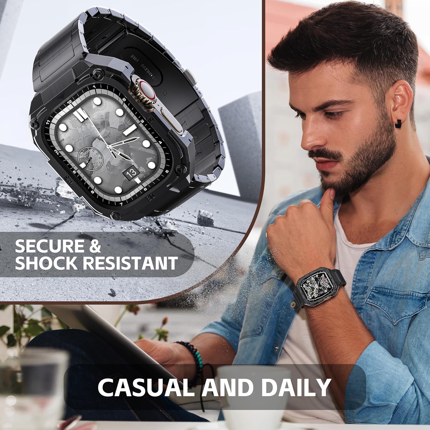 Mechanical Metal Watch Case with Band Compatible with Apple Watch Series 11/10 46mm Band,Rugged Military Stainless Steel Protective Bumper Cover,Tough Business iwatch Band Strap for Men,Gold - Image 5