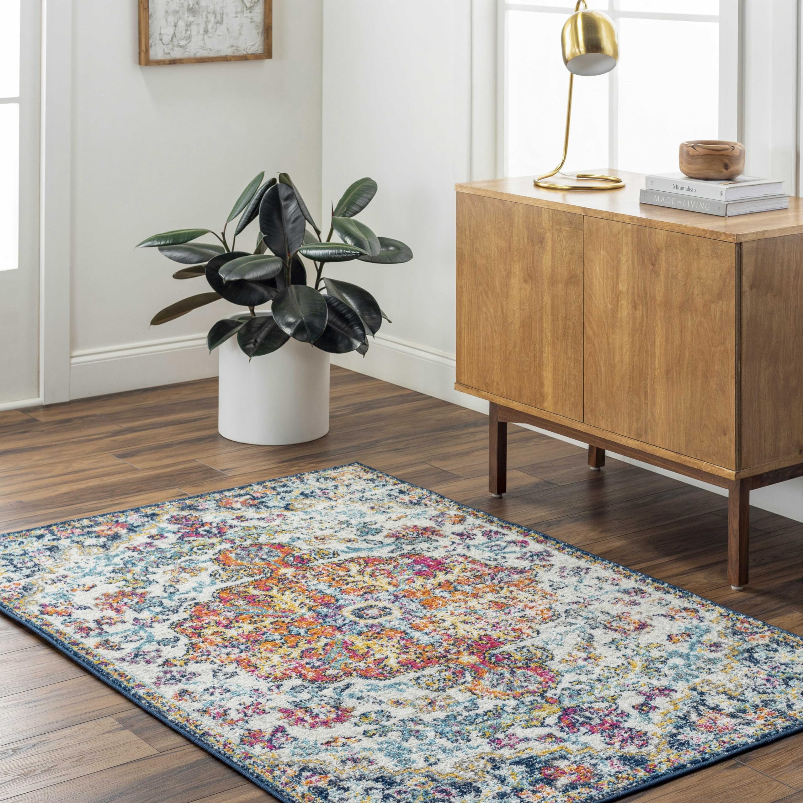 Livabliss Asmara Vintage Teppich groß - Teppich Wohnzimmer 160x220 cm, Esszimmer, Schlafzimmer, Orientalischer Teppiche Boho Style - Carpet Living Room, Bunter Muster, Blau und Orange