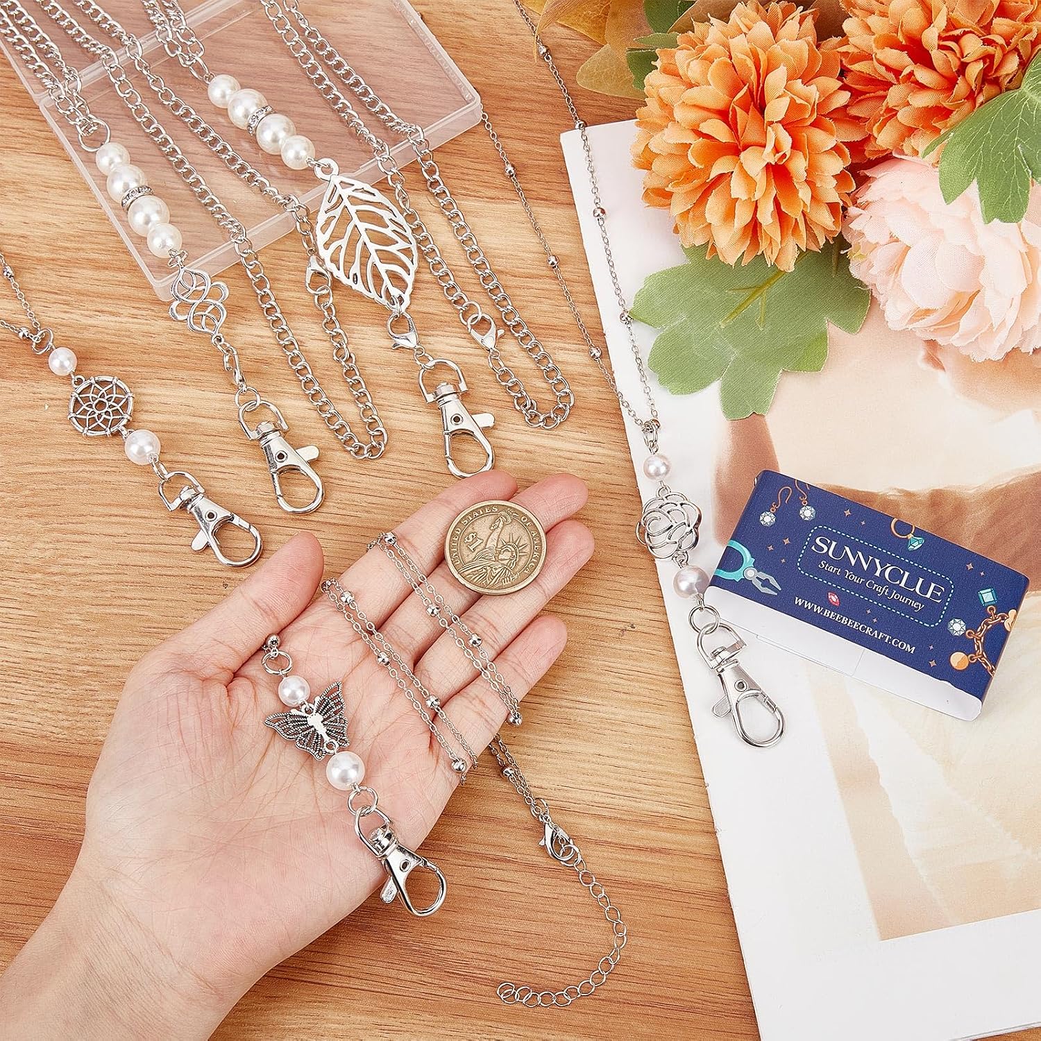 SUNNYCLUE 5 Styles ID Necklace Lanyard Chain Badge Necklaces Dream Catcher Butterfly Beaded Lanyard Imitation Pearl Beads Badges Lanyard Breakaway Badge Holder for Teachers Nurse School Office Keys