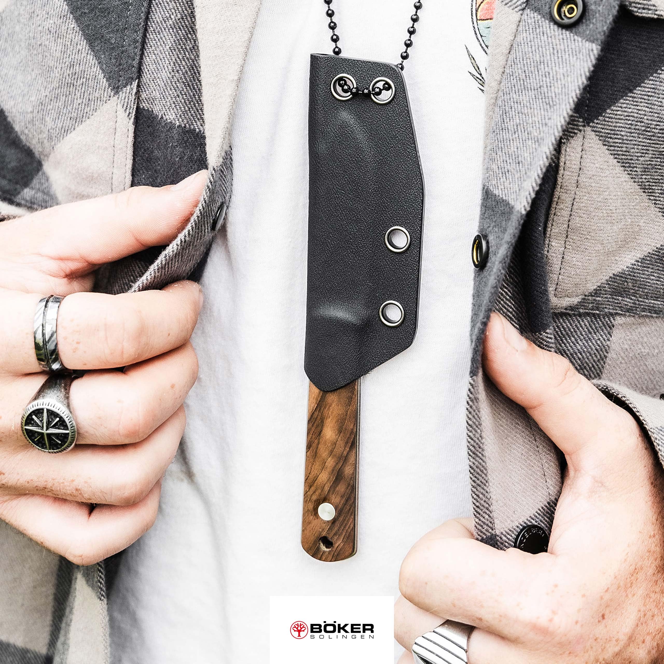 Böker SOLINGEN® BFF Packlite Walnuss – EDC Neck Knife mit feststehender 6,5 cm Klinge – Skelett-Messer extra leicht mit Holz-Griff - Halsmesser handgemacht mit Kydex-Scheide – Made in Germany