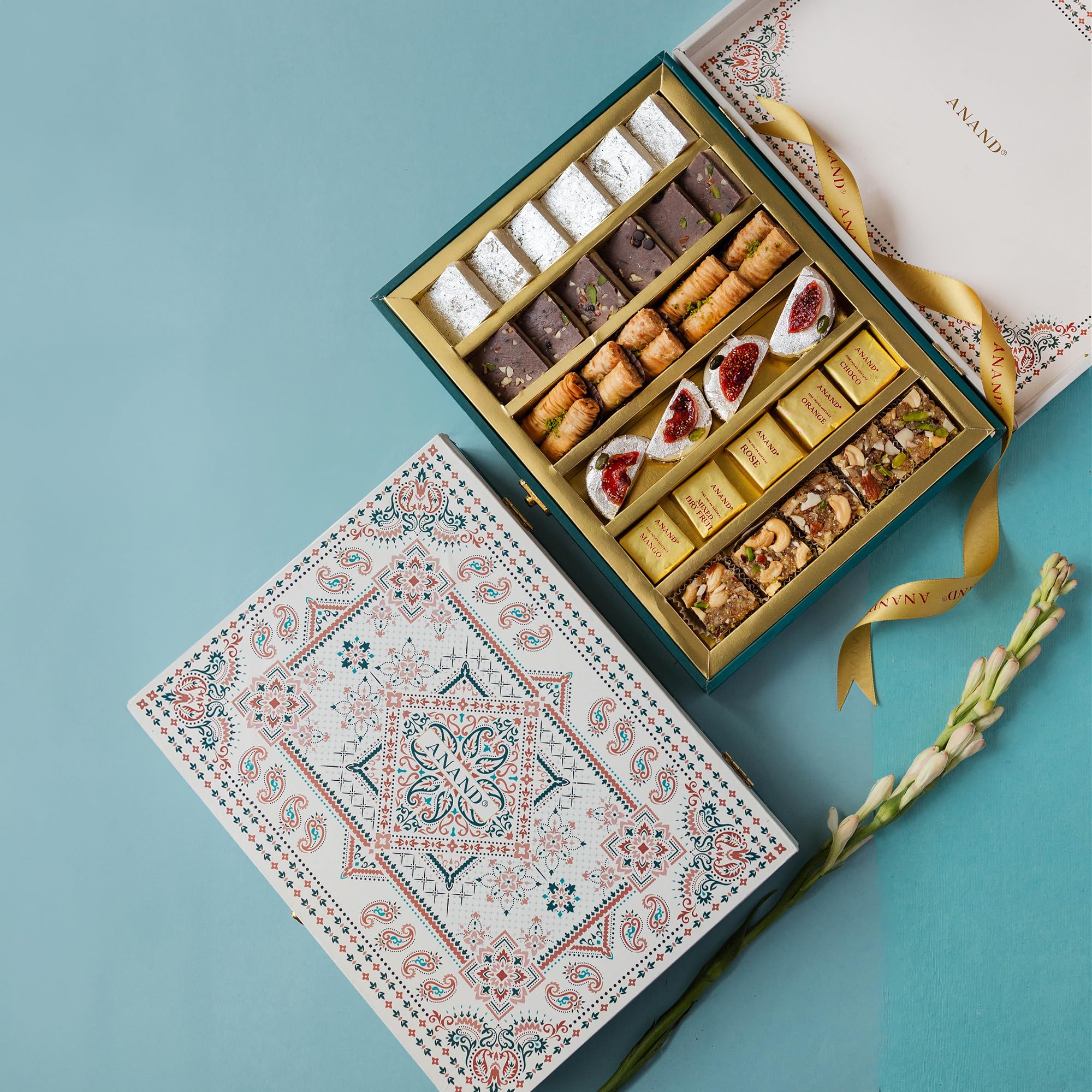 ANAND Assorted Sweets Gift Box, Authentic Pure Ghee Indian Mithai Kesar Pista Burfi, Baklava, Kaju Pattice, Kardant, Meetaz and Badam Burfi, Special Festive Sweets Gift Pack (Gift Box (850 gm))