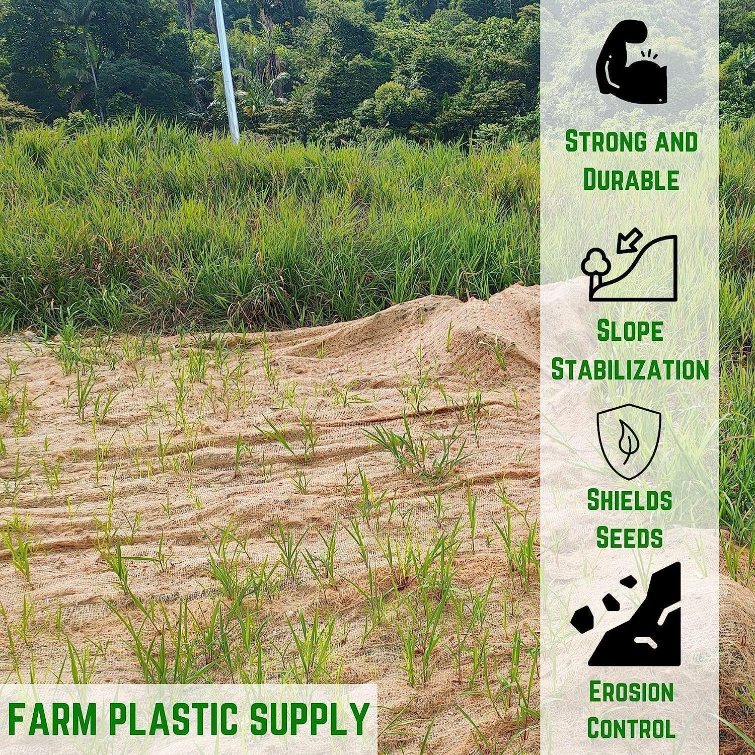 Farm Plastic Supply - Erosion Control Blanket - Straw/Coconut Erosion Control Blanket, Straw Garden and Landscape Cover, Straw Blanket, Erosion Control, Mulch, Slope Stabilizer (2' x 112.5')