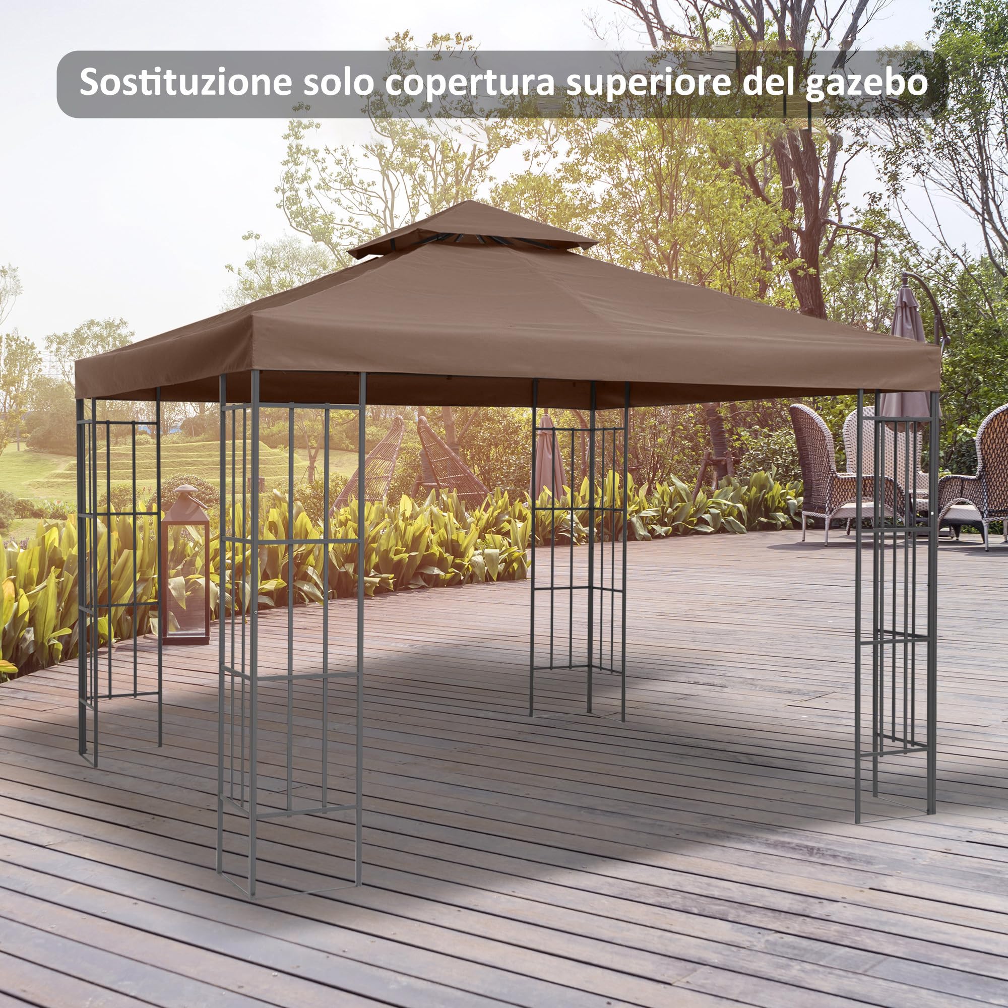 Outsunny Tetto di Ricambio per Gazebo 3x3 m a 2 Livelli, Telo Gazebo 3x3 m Resistente all'Acqua in Tessuto Oxford 180g/m², Anti-UV, Caffè
