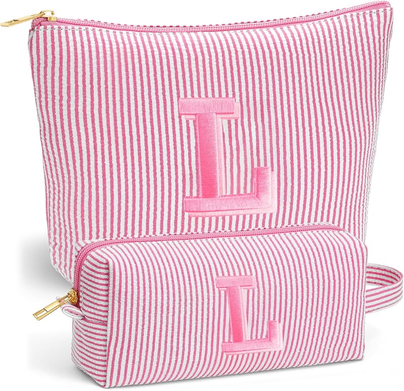 Fohufo Necessaire de Maquiagem para Viagem Rosa com Inicial Bordada, Pacote com 2