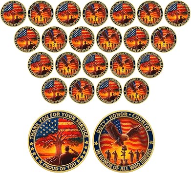 24 Pack Veterans Challenge Coins Thank You for Your Service & in Honor of All Who Served Bulk Military Gifts for Memorial Day, Veterans Day, Army, Navy, Air Force Recognition