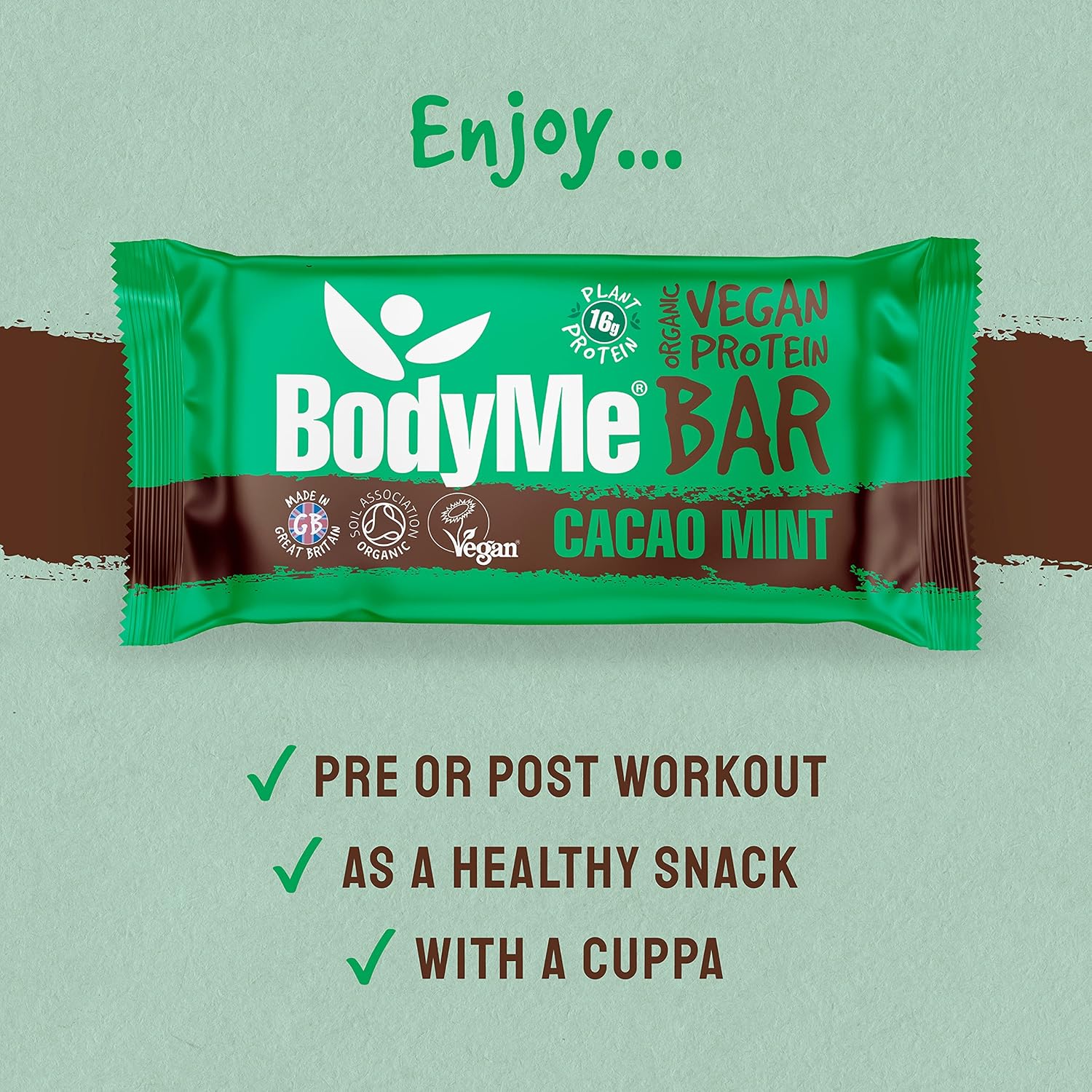 BodyMe Organic Vegan Protein Bar | Raw Cacao Mint | Box of 12 x 2.12oz (60g) | with 3 Plant Proteins