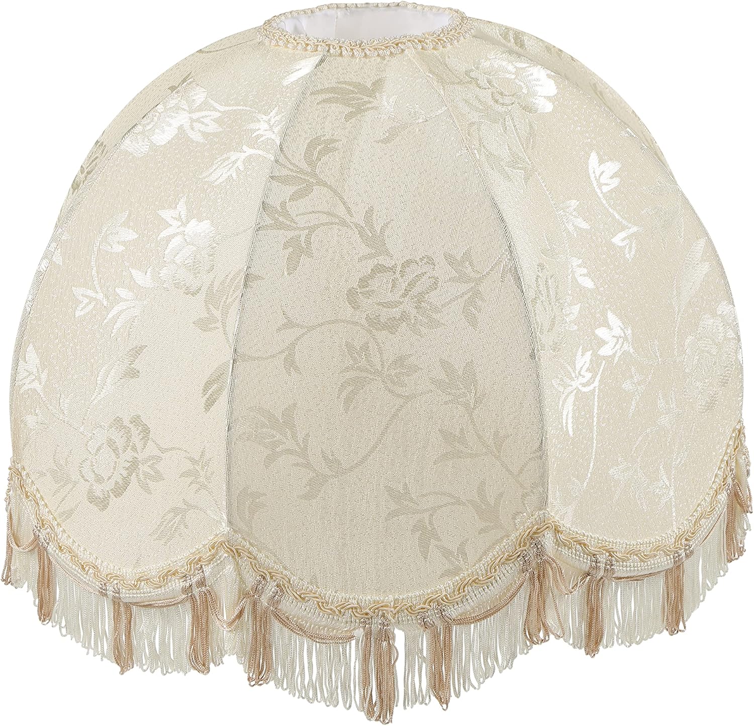 Aspen Creative 34523 Handsewn Scallop Dome Spider Lamp Shade in Ivory with Jacquard Textured Fabric with Fringe, 4" Top x 16" Bottom x 12" Slant