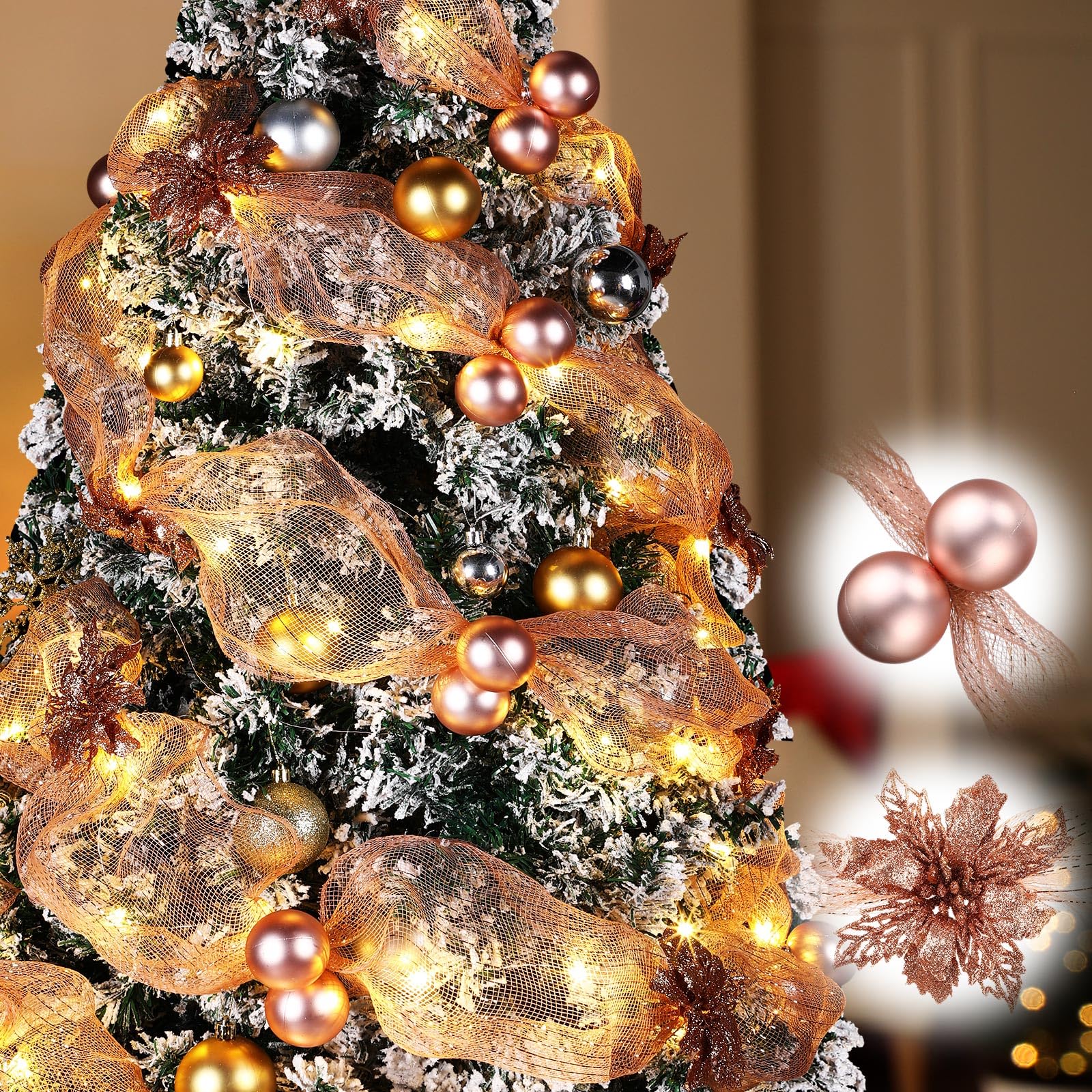 Bolas de Navidad y flores en cinta de malla elegante con iluminación integrada 8