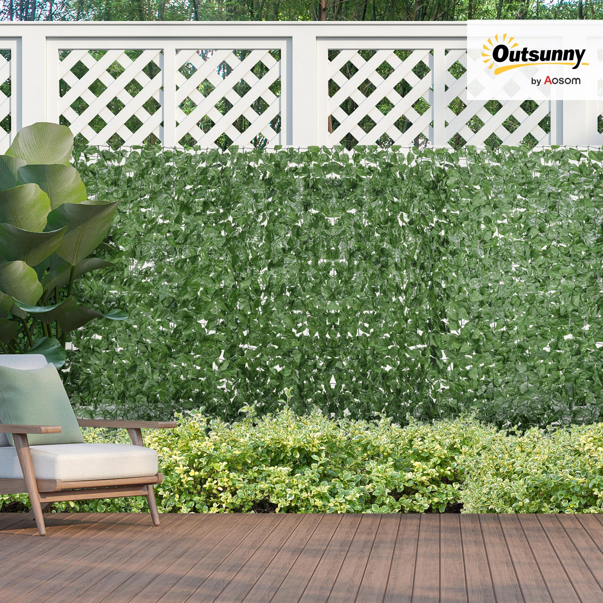 Outsunny Rotolo di Siepe Finta di Faggio in PE 300x100 cm, Verde Scuro | per Balcone e Giardino, Siepe Artificiale da Esterno, Foglie di Edera, Protezione UV