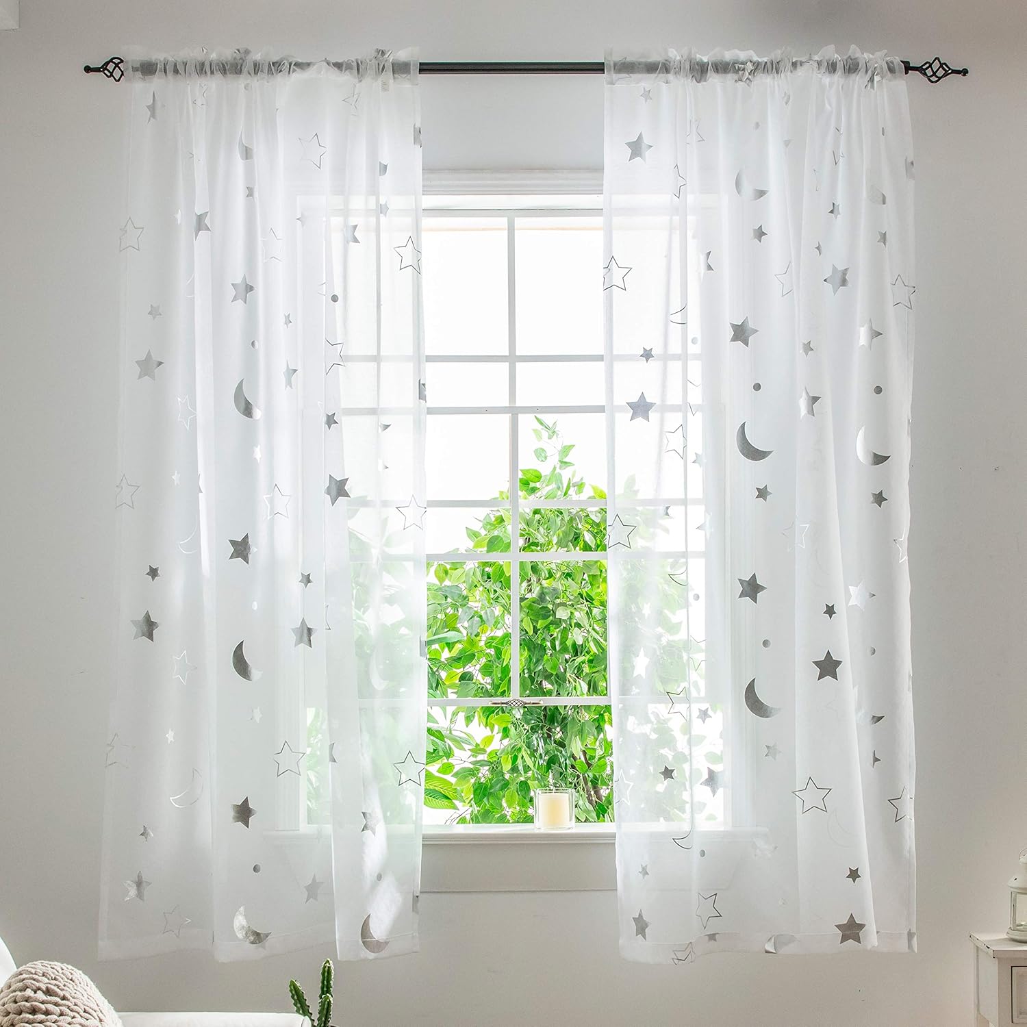 Silver Foil Print Sheer Moon Star Curtains for Girls Room - Rod Pocket Light Filtering Privacy Protection Window Drapes Semi Voile Kids Curtains for Boys Bedroom 72 Inch Length, Set 2 Panels, 52x72