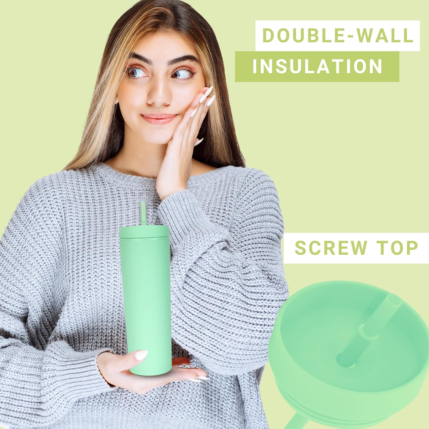 16oz Matte TUMBLER With Straw (1 Pack), Light Green Skinny Tumbler With Lid And Straw, Beach Acrylic Black Cup Double Wall Plastic Tumbler, Bridesmaid Bachelorette Gifts, Free Brush - Image 4