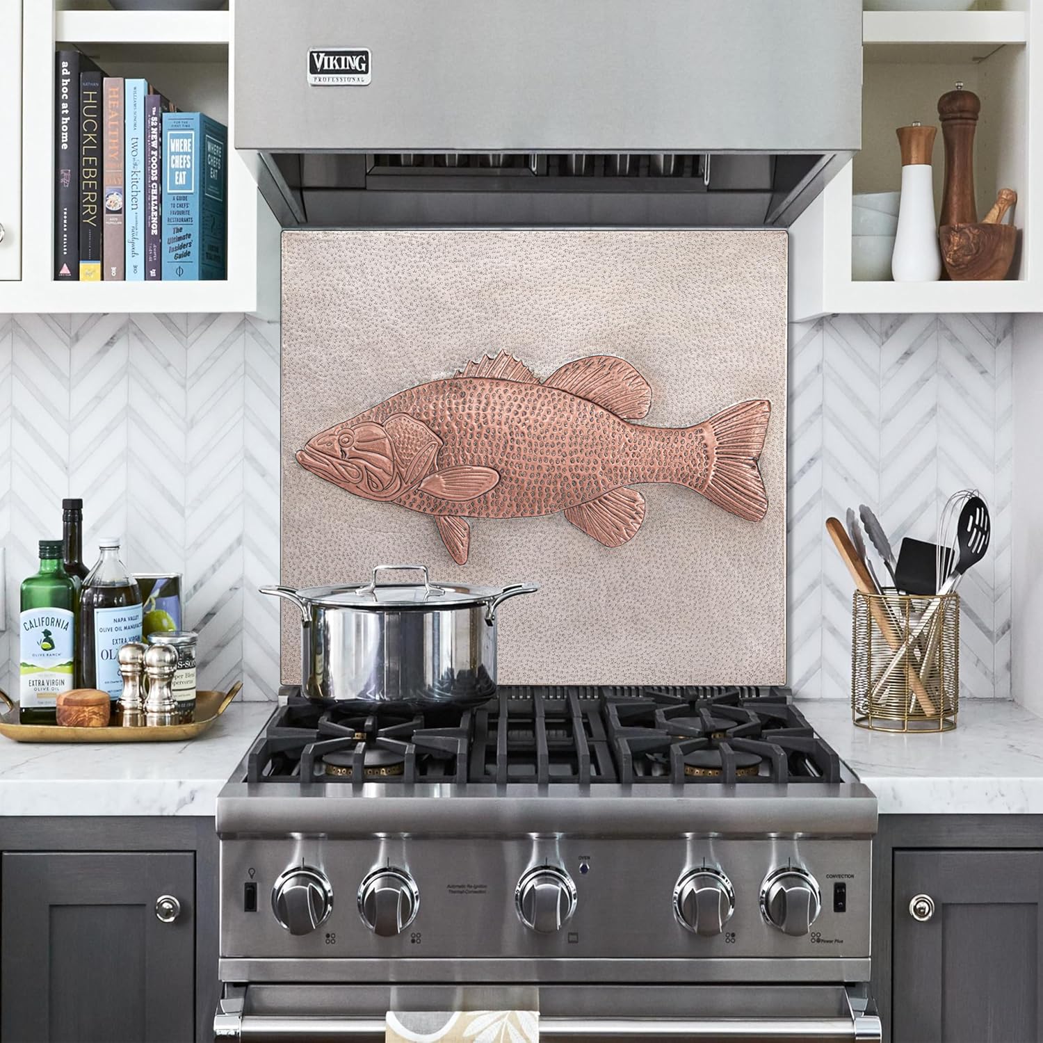 Kitchen Backsplash, Largemouth Bass Fish Copper Backsplash, Custom Copper Backsplash Panel, Handmade Copper Backsplash Tile, Indoor Outdoor Wall Decor (Gray&Copper)