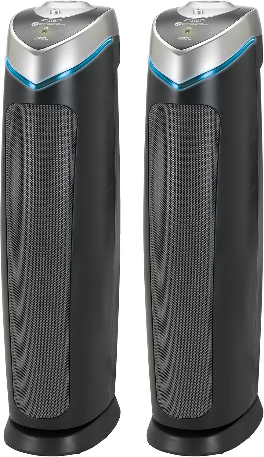 GermGuardian Air Purifier for Home with HEPA Pure Filter, for Wildfire Smoke, Pet Dander, Pollen, Odors, Large Rooms Up To 915 Sq. Ft., Removes 99.97% Pollutants, UV-C, 2-Pack, 28", AC50002PK, Gray