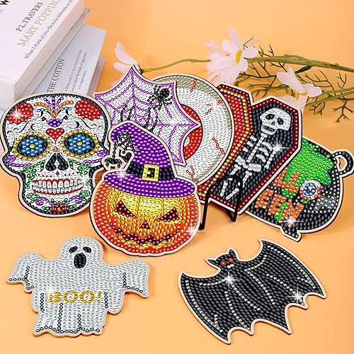 Miniatura 2 de BSRESIN 8 posavasos de diamantes para Halloween, manualidades con calavera para adultos, posavasos y accesorios de arte de diamantes