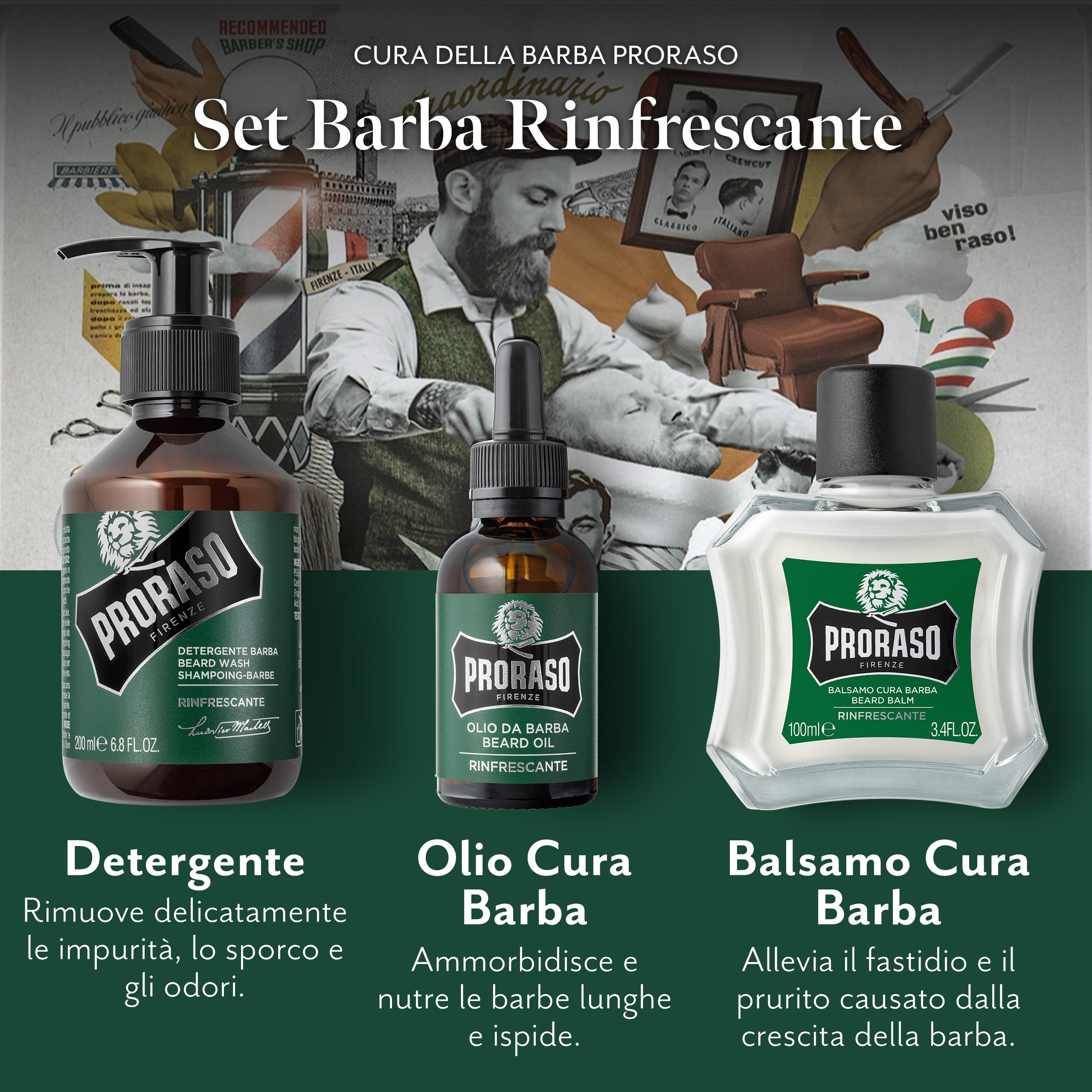 Proraso Set barba uomo Rinfrescante, Set ideale come regalo uomo contenente Shampoo da 200 ml, Olio 30 ml e Balsamo per la barba da 100 ml, Made in Italy