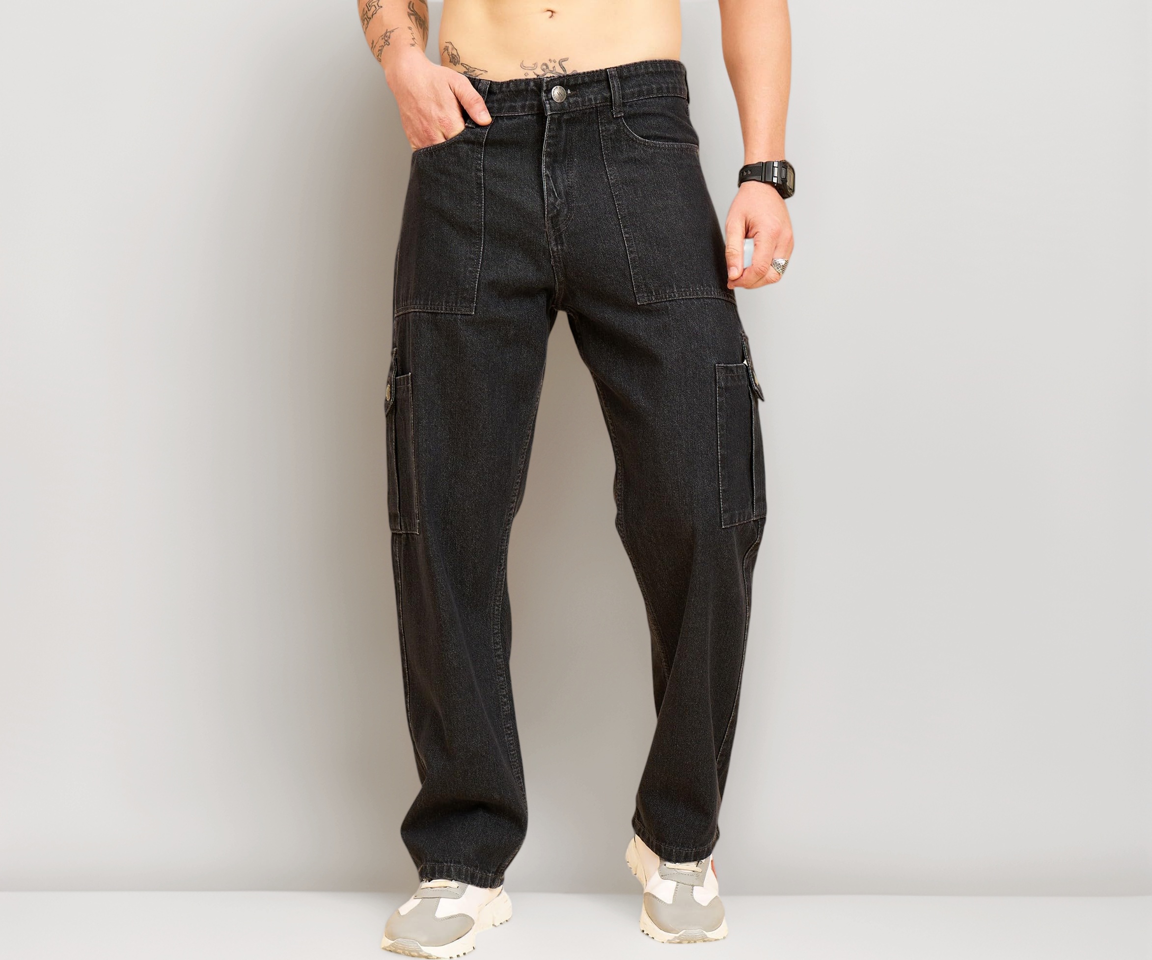 Buy STUDIO NEXX Men's Dark Grey Baggy fit Denim Cargo Pants |Non