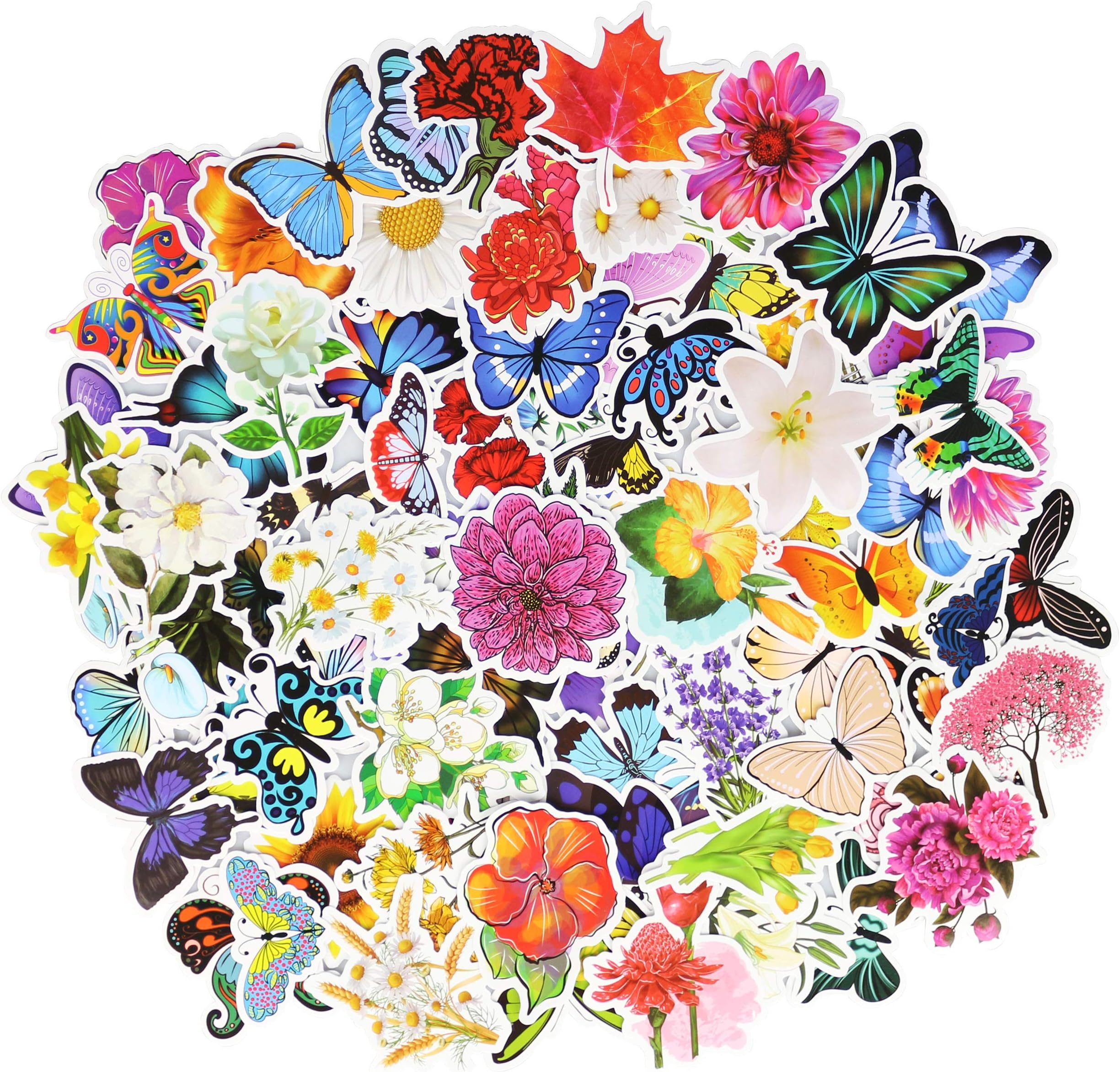 100 Pcs Waterproof Vinyl Flower Butterfly Laptop Phone Water Bottle Stickers Pack(Flower 50 Pcs and Butterfly 50 Pcs)