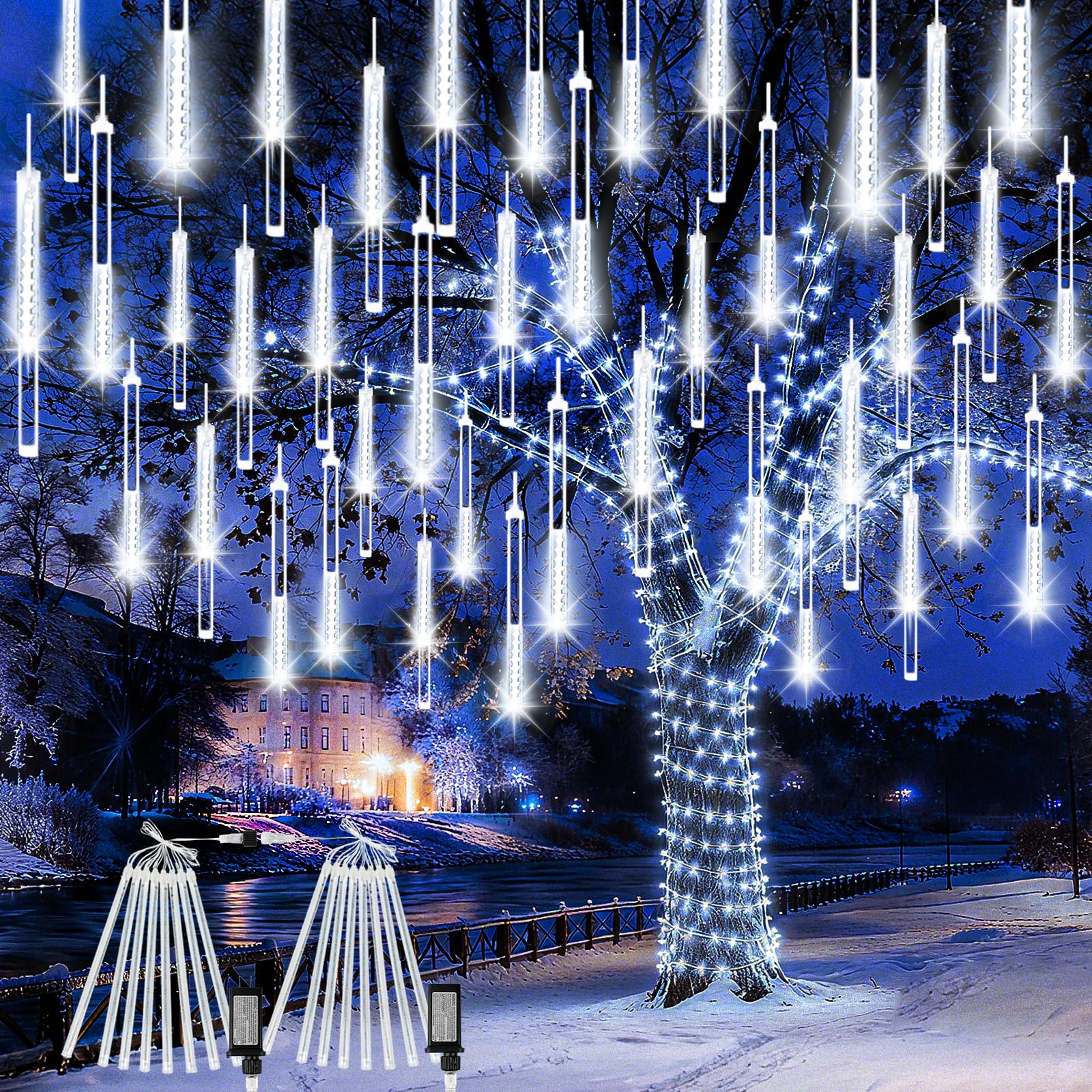 クリスマス,LEDチューブライト MERRY CHRISTMAS 2 Pack Christmas Lights Outdoor 16 Tubes 384 LEDs Meteor Shower