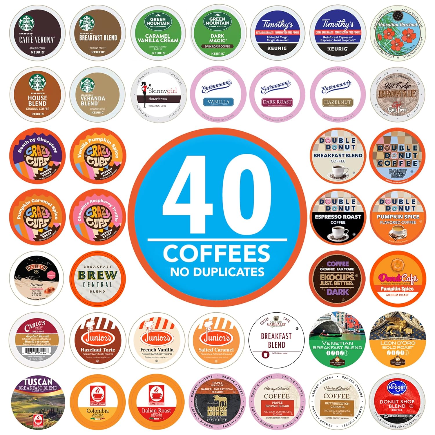 Crazy Cups Coffee Pods Variety Pack Sampler from Top Brands, Assorted Single Serve for Keurig K Cups Coffee Makers, 40 Unique Cups