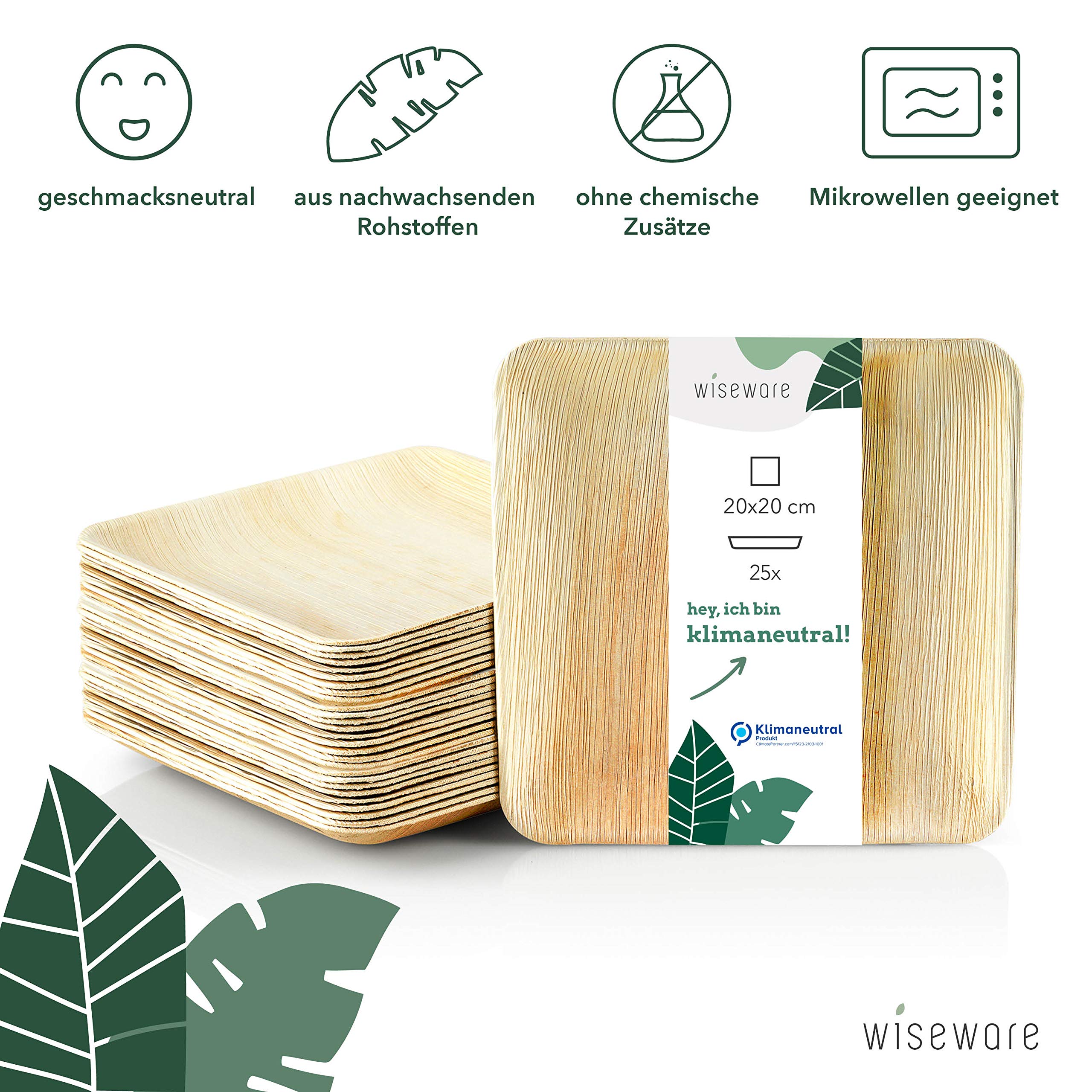 Wiseware talerze z liści palmowych – 25 sztuk jednorazowych talerzy kwadratowych 20 x 20 cm – biodegradowalne naczynia z liści palmowych – naczynia na imprezę – ekologiczne naczynia jednorazowe