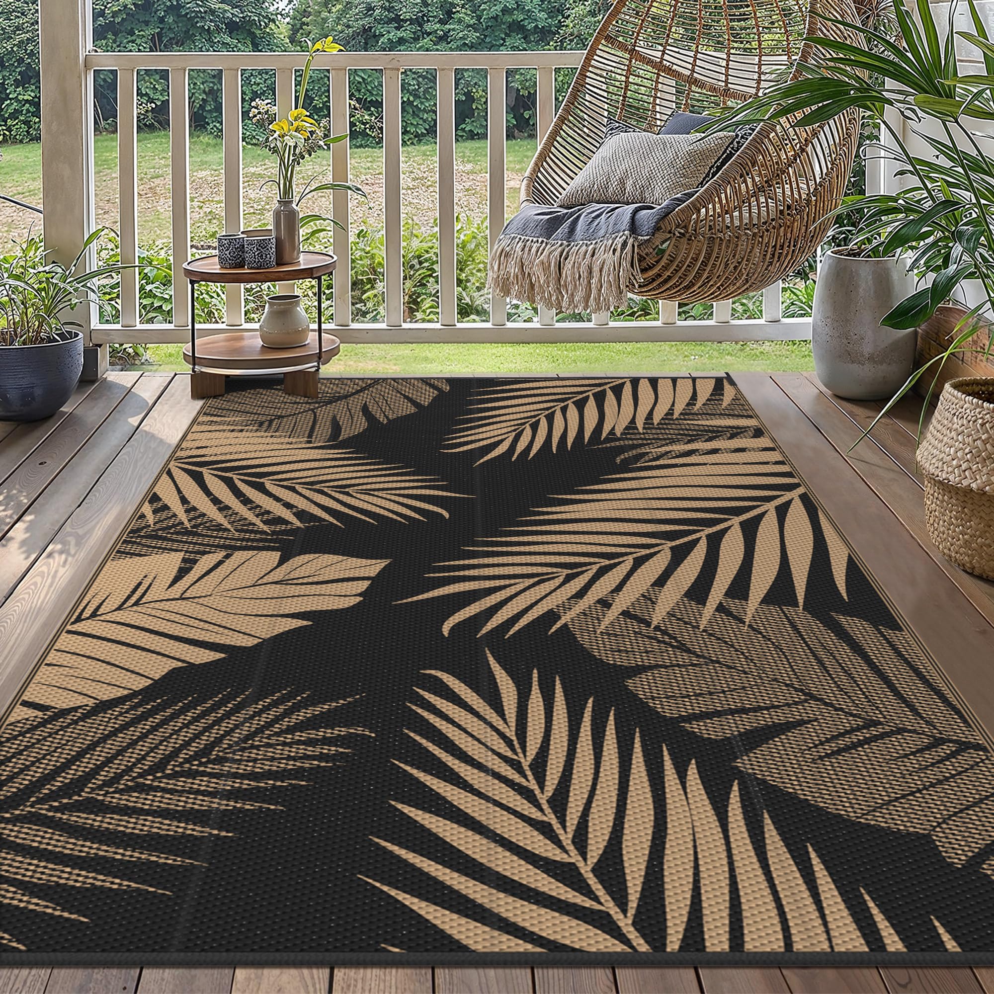 GENIMO Outdoor Rug 150x240cm – Waterproof Reversible Garden Carpet, UV Resistant & Washable Patio Mat for Balcony, Picnic, RV, Backyard – Black & Brown