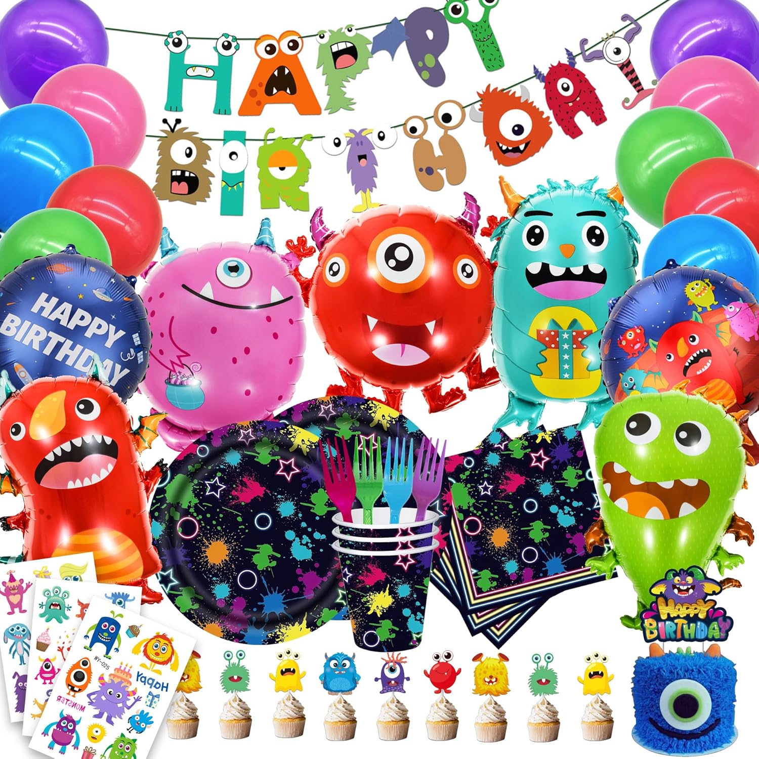 Monster Party Supplies, Monster Birthday Decorations - Monster balloons, paper plates, napkins, cups, cupcake & cake toppers, birthday banner, tattoos