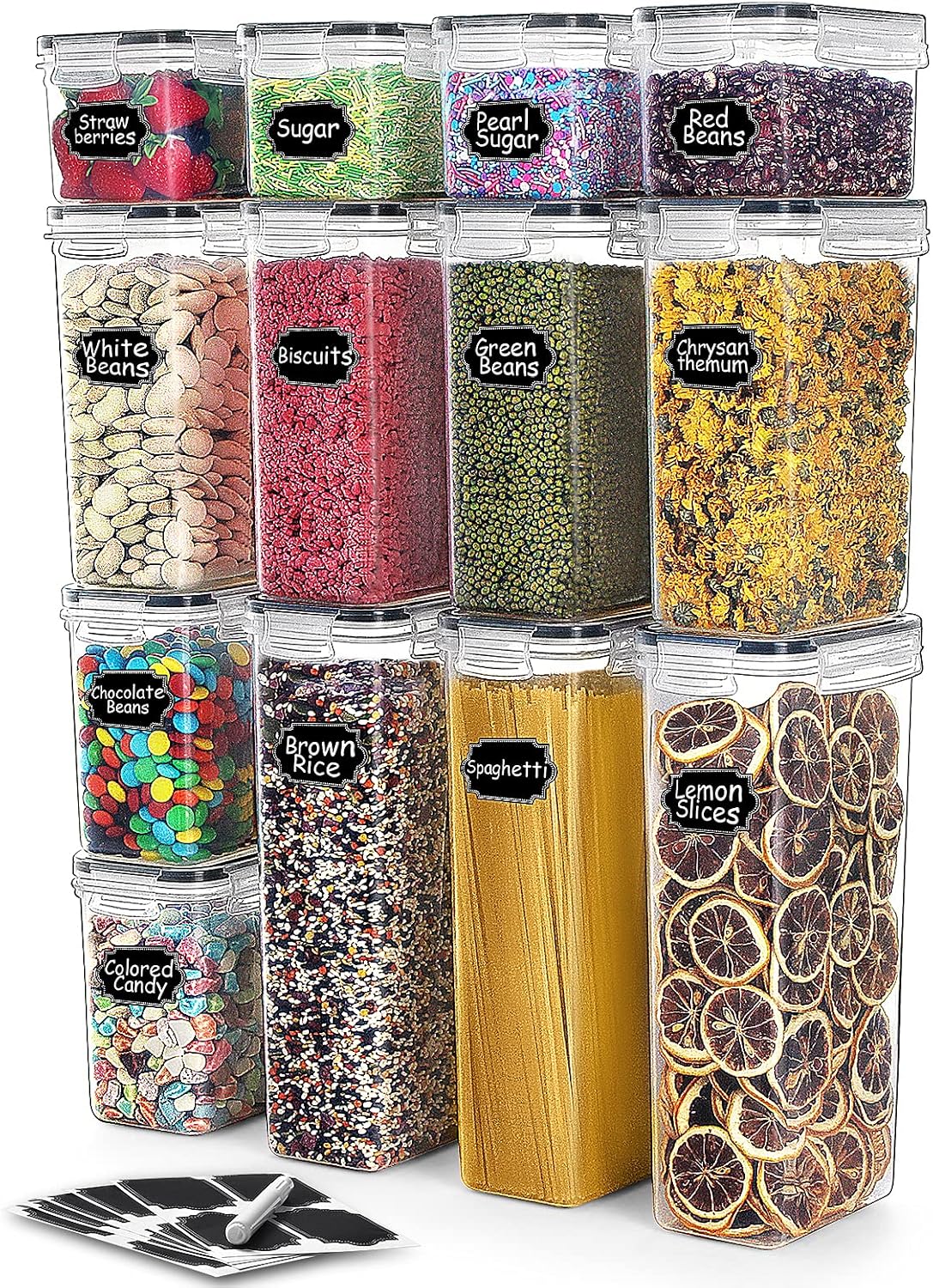 Airtight Food Storage Containers Set,TAEVEKE 13 PCS Cereal & Dry Food Storage Containers with Sealed Lids,BPA Free Plastic Kitchen & Pantry Organization Containers, Free Labels& Marker (Black)