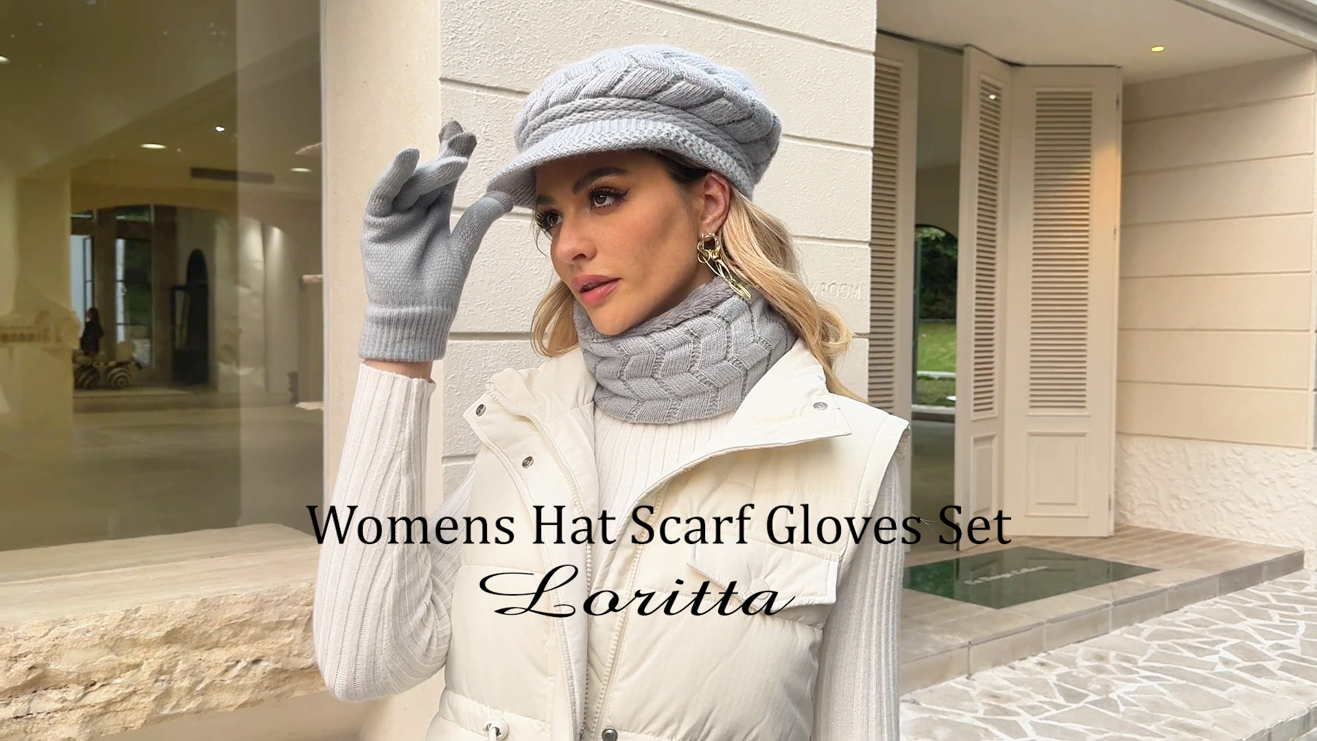 3-Pieces Winter Hat Gloves Scarf Set, Knit Warm Beanie Hat 