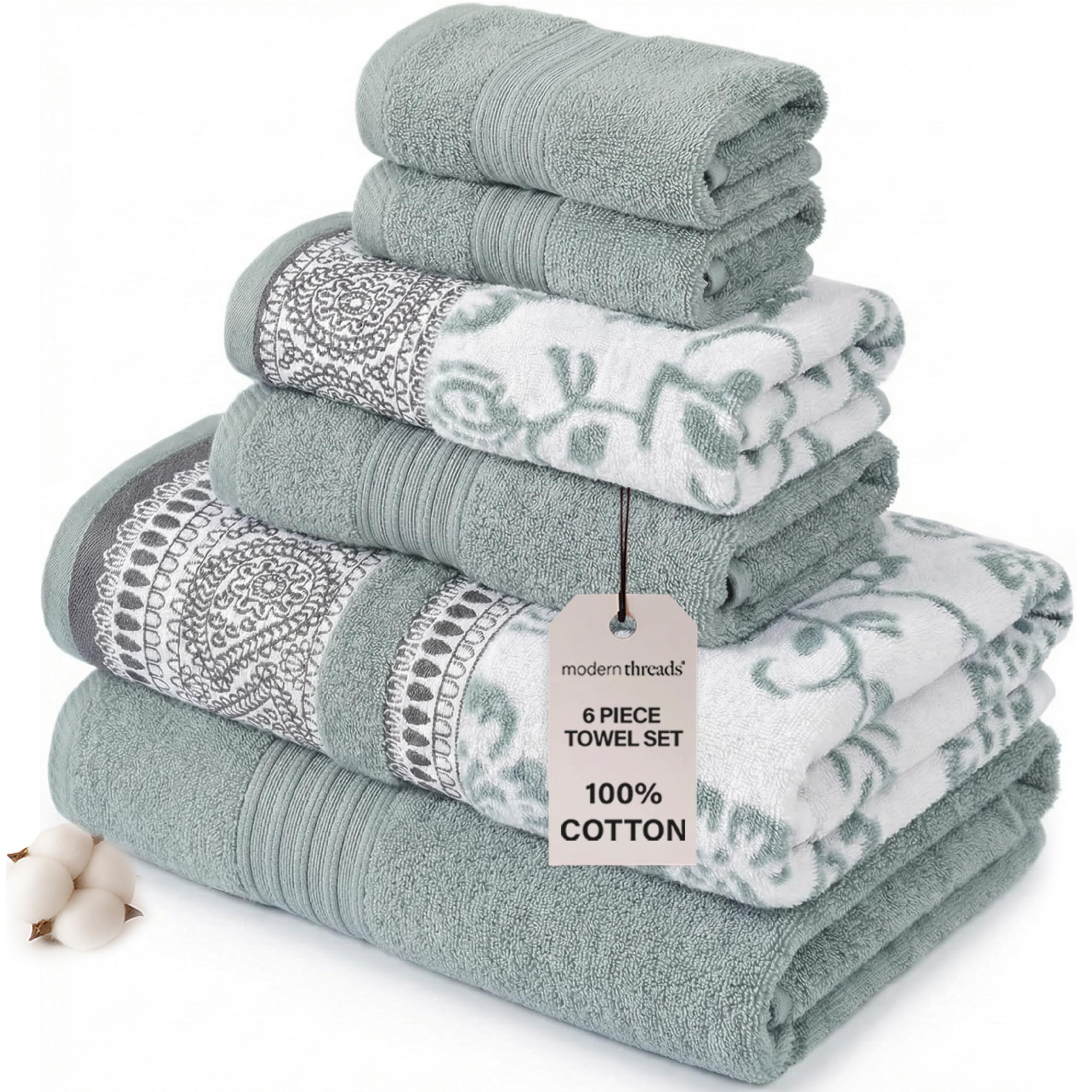 Modern Threads Ophelia 6-Piece 100% Cotton Towel Set – Reversible Yarn Dyed Jacquard & Solid – Includes 2 Bath Towels, 2 Hand Towels, 2 Washcloths – Absorbent, Quick Dry, Soft & Durable – Sage Green