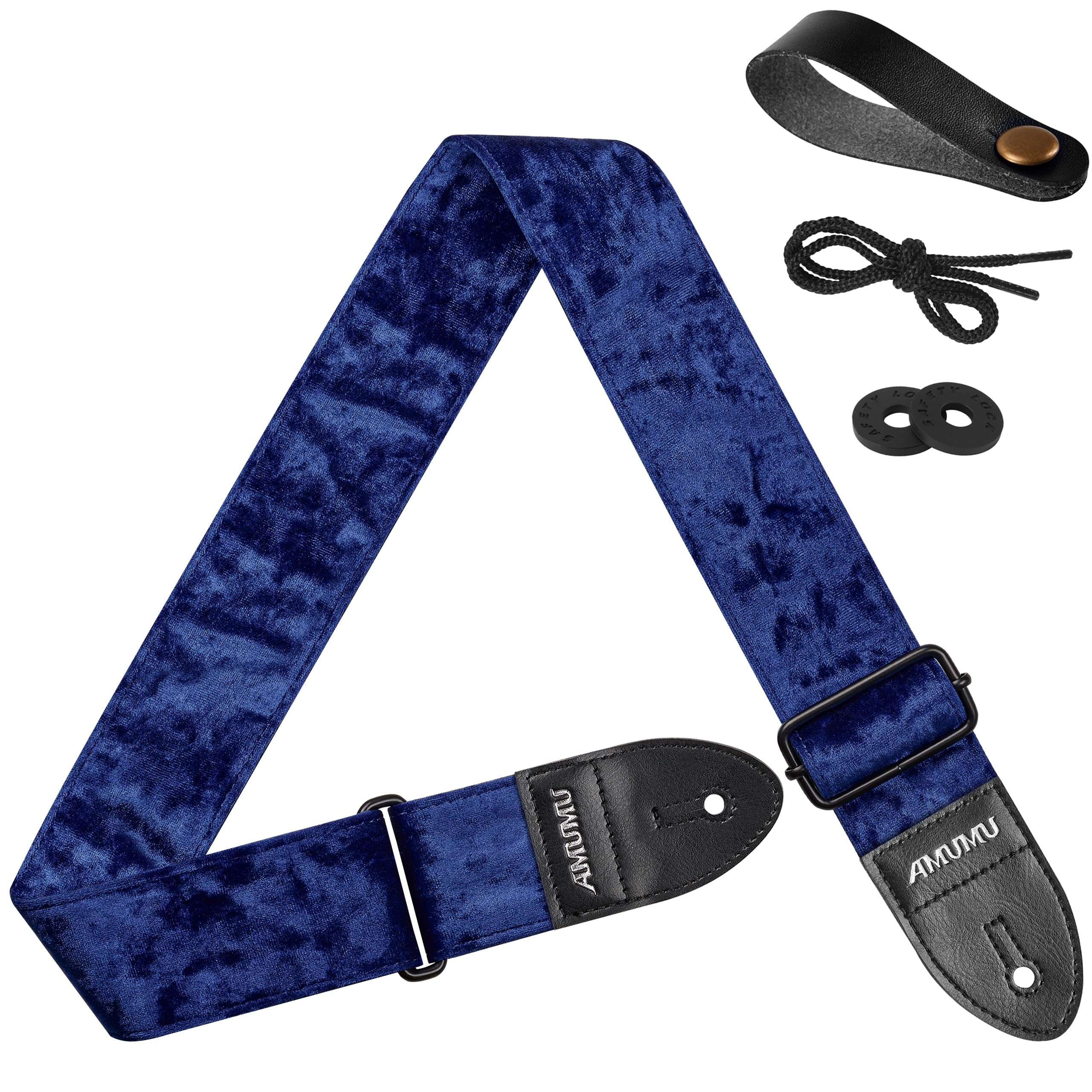 Amumu Unisex Navy Blue Flocked Velvet Guitar Strap With Microfiber Leather Ends - Guitar Accessories - Fits Acoustic, Bass, Electric Guitar, Default