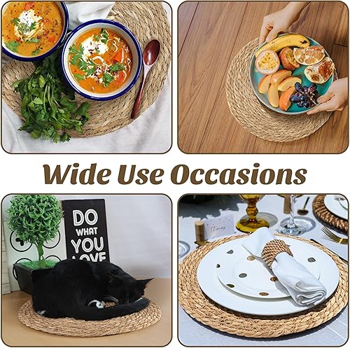 Miniatura 7 de Juego de 24 manteles individuales redondos tejidos de 12 pulgadas, manteles individuales de ratán bohemio tejido a mano natural, manteles