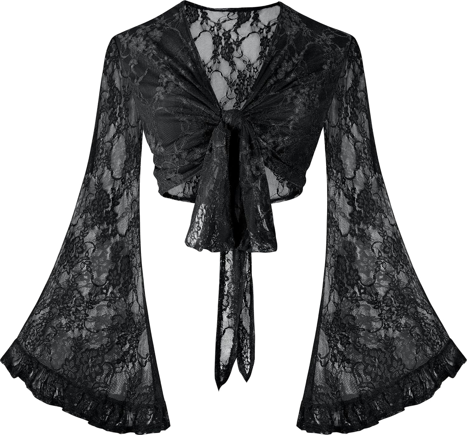 BB&KK Lace Tops for Women Flowy Long Bell Sleeve Tie Front Crop Boho Blouse 70s Outfit Rave Festival Hippie Top