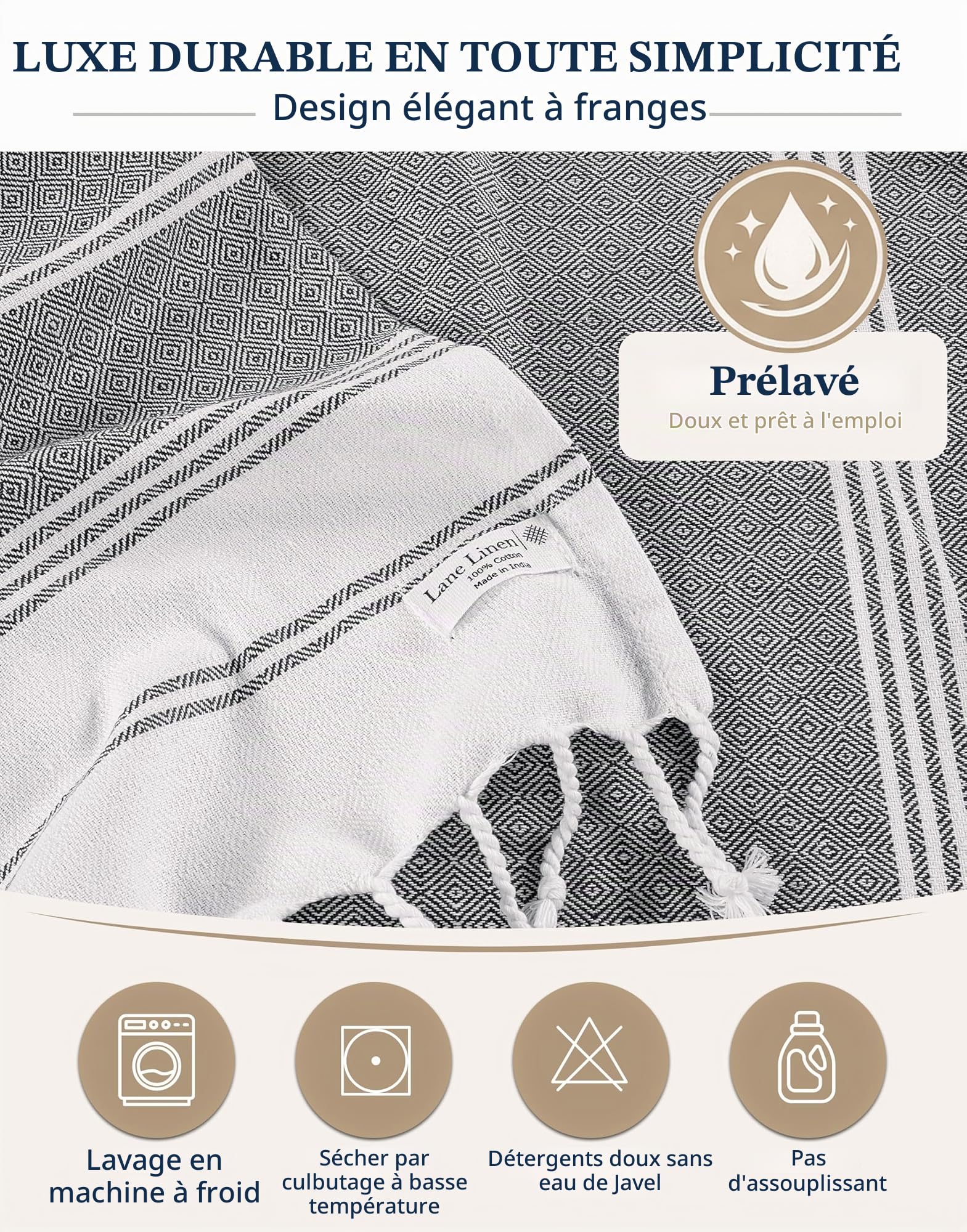 LANE LINEN Lot de 6 serviettes de plage en coton surdimensionnées 100 x 200 cm, absorbantes, à séchage rapide, Gris