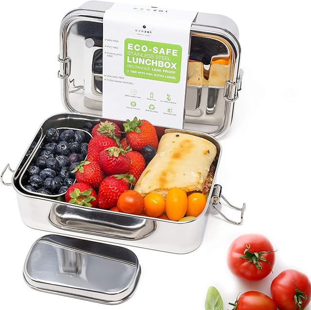 ecozoi Leak Proof Stainless Steel 1-Tier Extra Long Eco Lunch Box Metal Bento Box | Bonus POD and REDESIGNED Silicone Seal | Sustainable Zero Waste Eco Friendly Food Storage Container