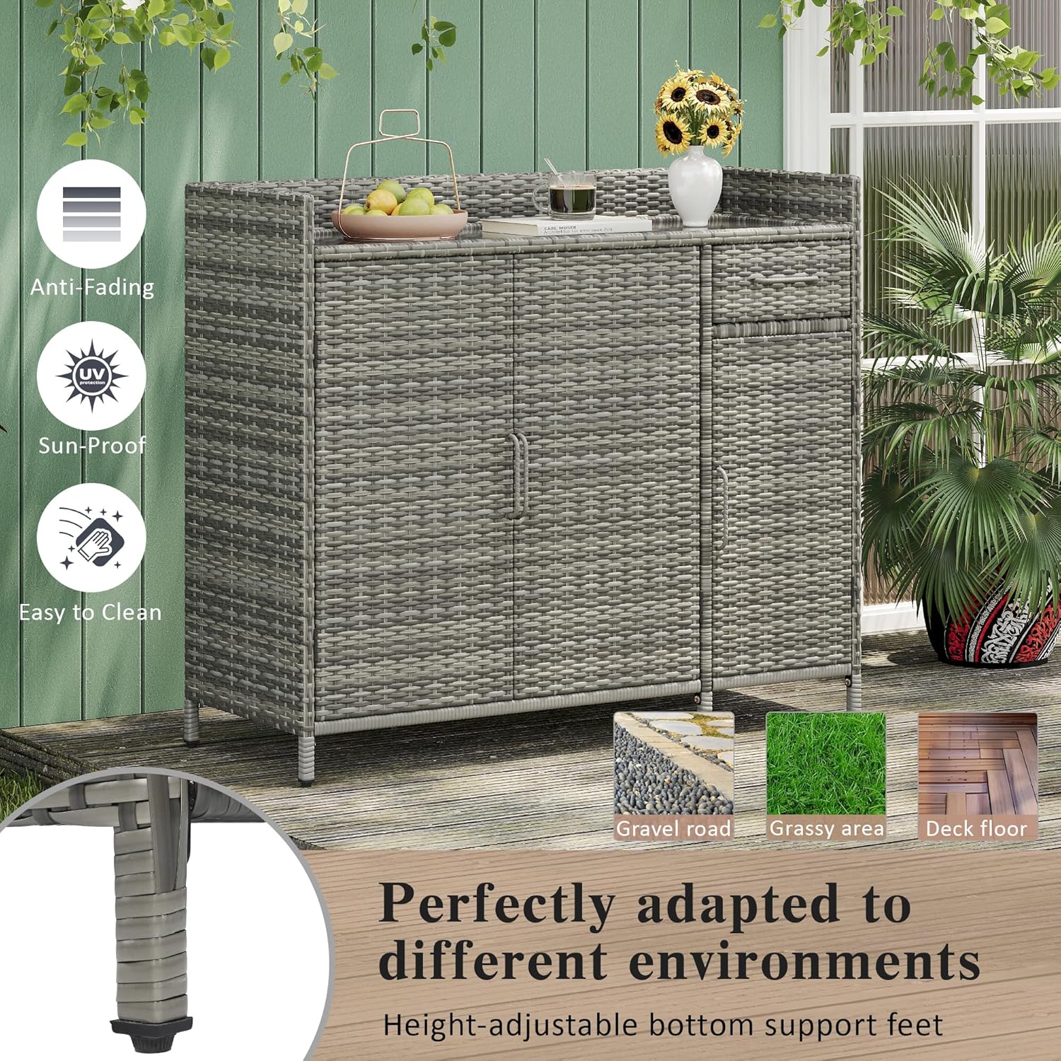 Wicker Outdoor Storage Cabinet with Tempered Glass Desktop, Rattan Bar Table with 3 Doors, Adjustable Shelf and One Drawer, Buffet Cabinet Sideboard for Poolside, Garden, Patio, Backyard, Grey