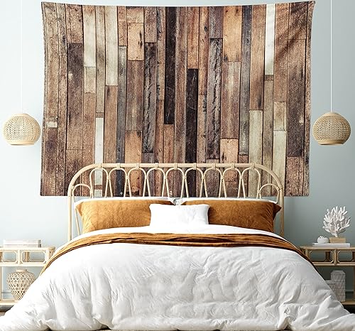 Vista 5 de Ambesonne Tapiz de madera con estampado de madera, tablones de madera vieja color marrón, grunge, cabaña, garaje, loft, gráfico natural rural
