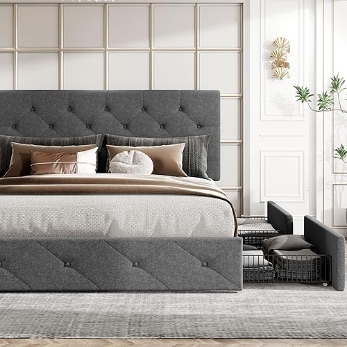 Miniatura 75 de HOOMIC Base de cama de almacenamiento de plataforma de tamaño matrimonial con 4 cajones y cabecera ajustable, listones de madera, no necesita Negro,