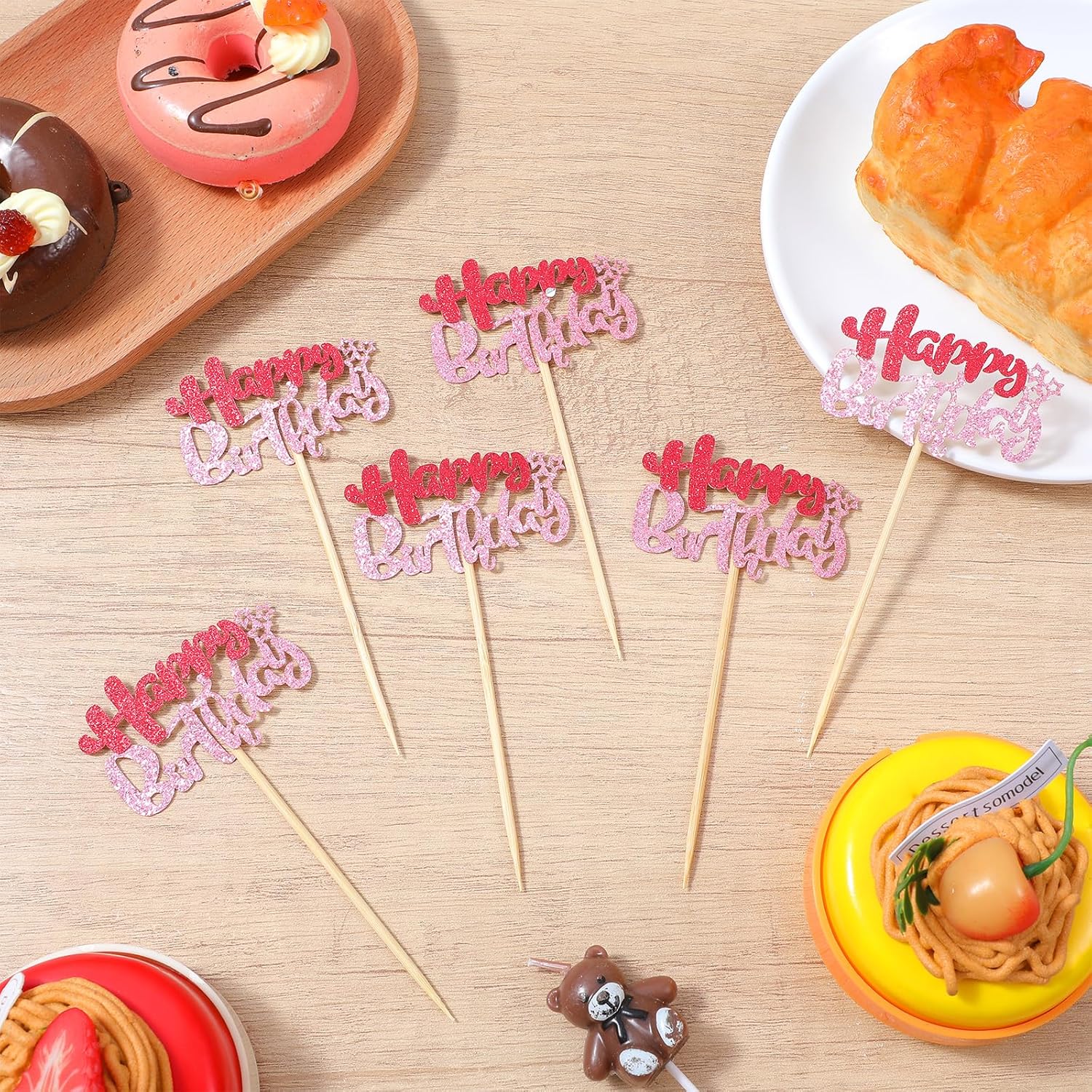 24PCS Happy Birthday Cupcake Toppers, Glitter Happy Birthday Cupcake Picks Cake Topper Decorations for Women Celebrating Birth Day Party Baby Shower Cake Decorations Supplies (Pink)