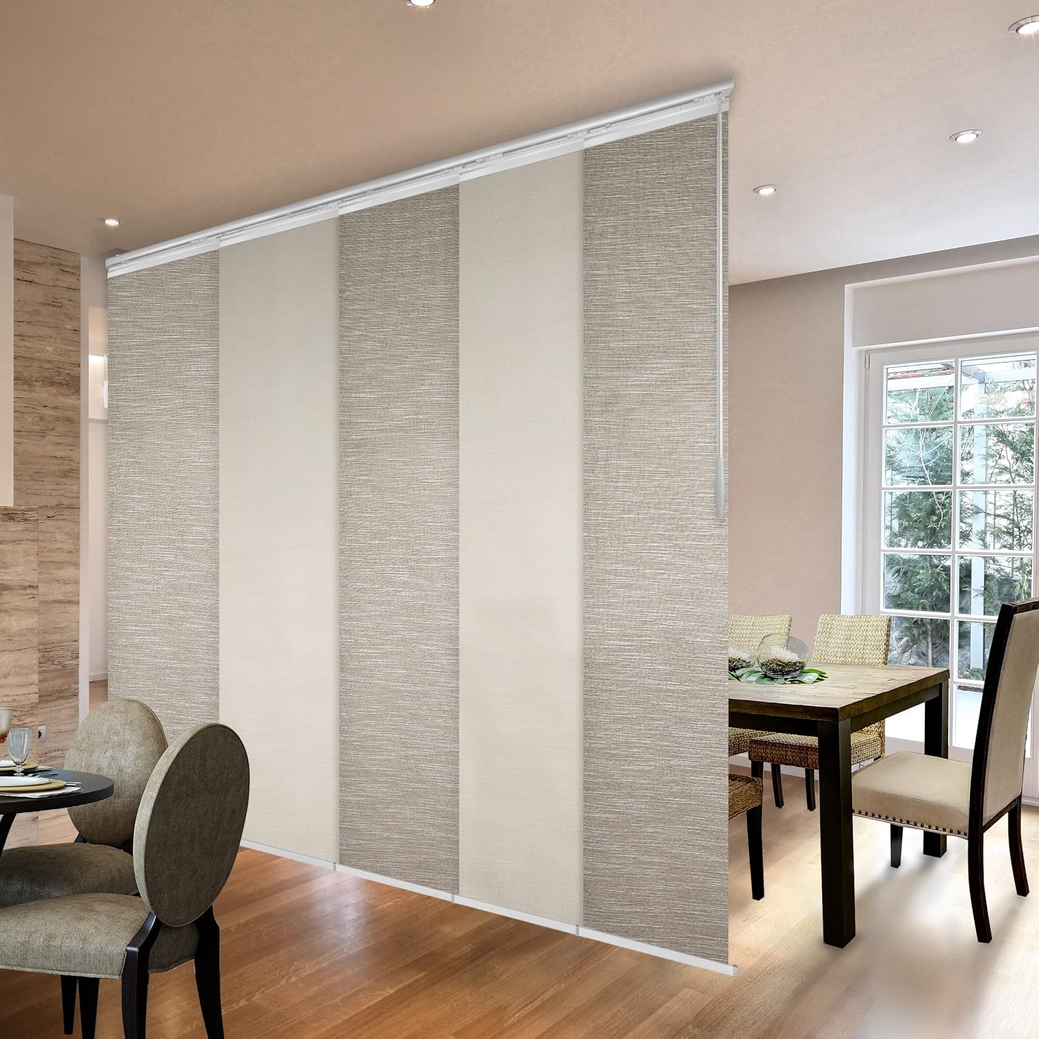 5-Panel Single Rail Panel Track Extendable 58"-110" W x 94" H, Panel Width 23.5", Vanilla, Buttery Brown