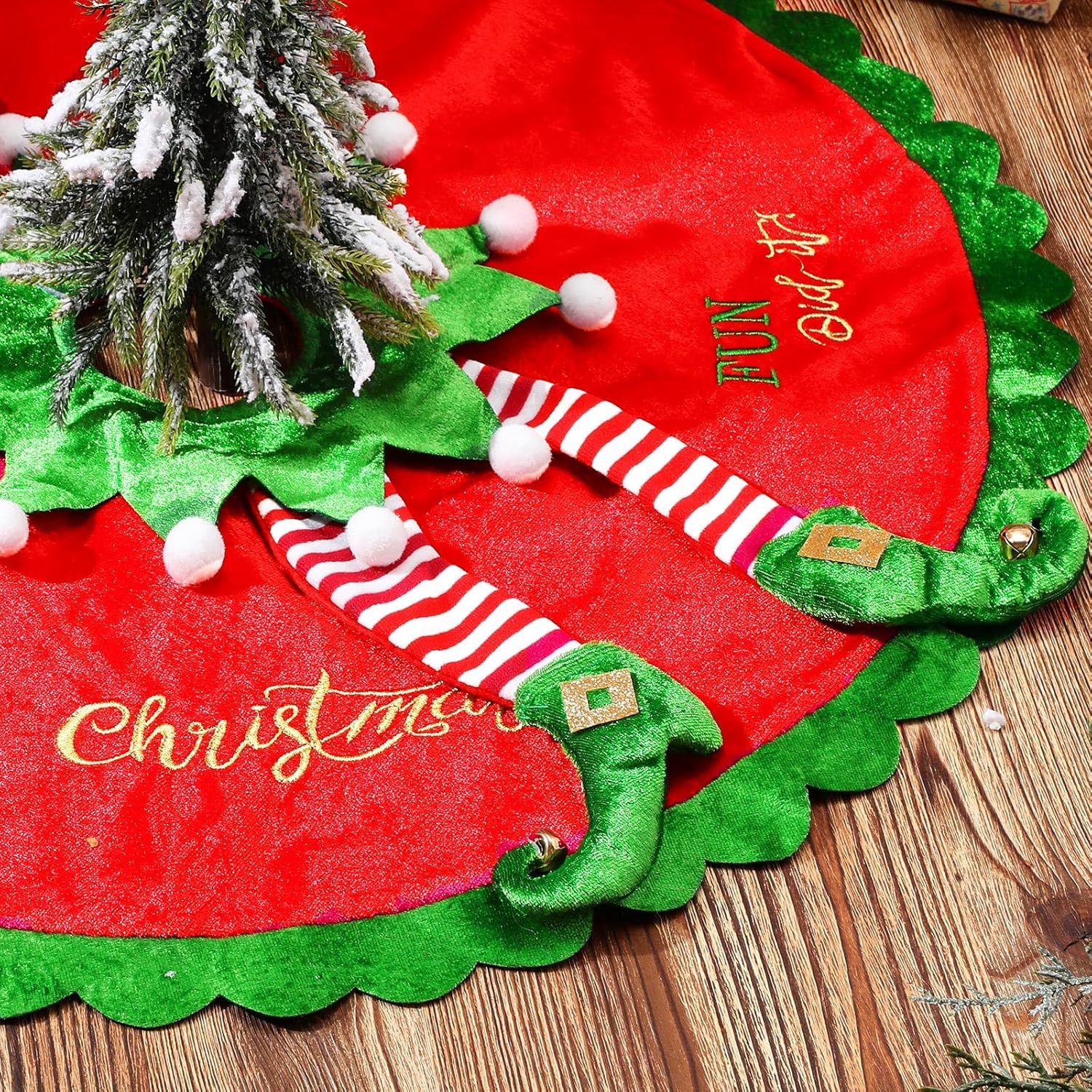 Elf Christmas Tree Skirt 24 Inch Velvet Christmas Tree Skirt with Candy Striped Legs Red and Green Tree Rug Xmas Tree Stand Mat for Christmas Tree Farmhouse Party Decorations
