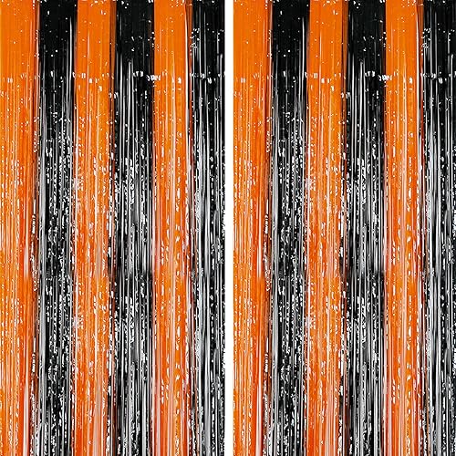 Paquete de 2 cortinas de flecos de aluminio de oropel negro y naranja, cortinas de aluminio metálicas para el hogar al aire libre, fiesta de