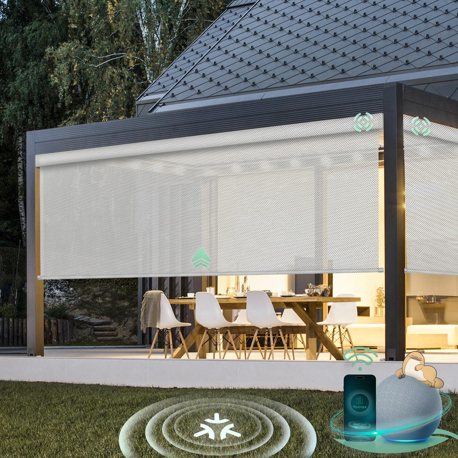 Yoolax Motorized Matter Outdoor Shades Patio Blinds Compatible with Alexa, Remote Control Retractable Patio Screens, Smart Roller Shades for Porch Custom (3% Openness Paine Grey)