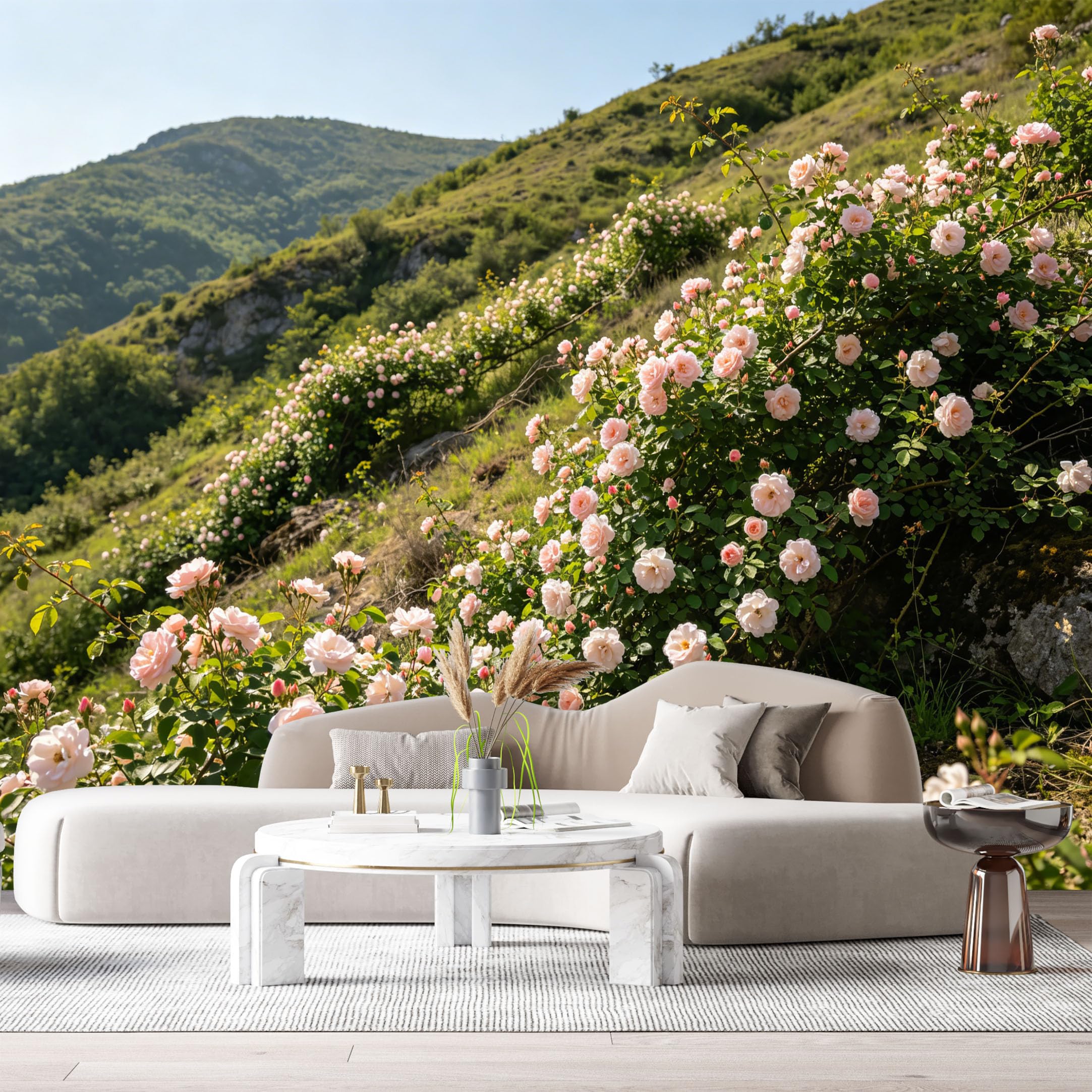 Custom Size Wall Murals Mountain Landscape Botanical Pink Roses Blooming Hillside SelfAdhesive Wall Fabric Removable Large Wallpaper for Photo Living Room
